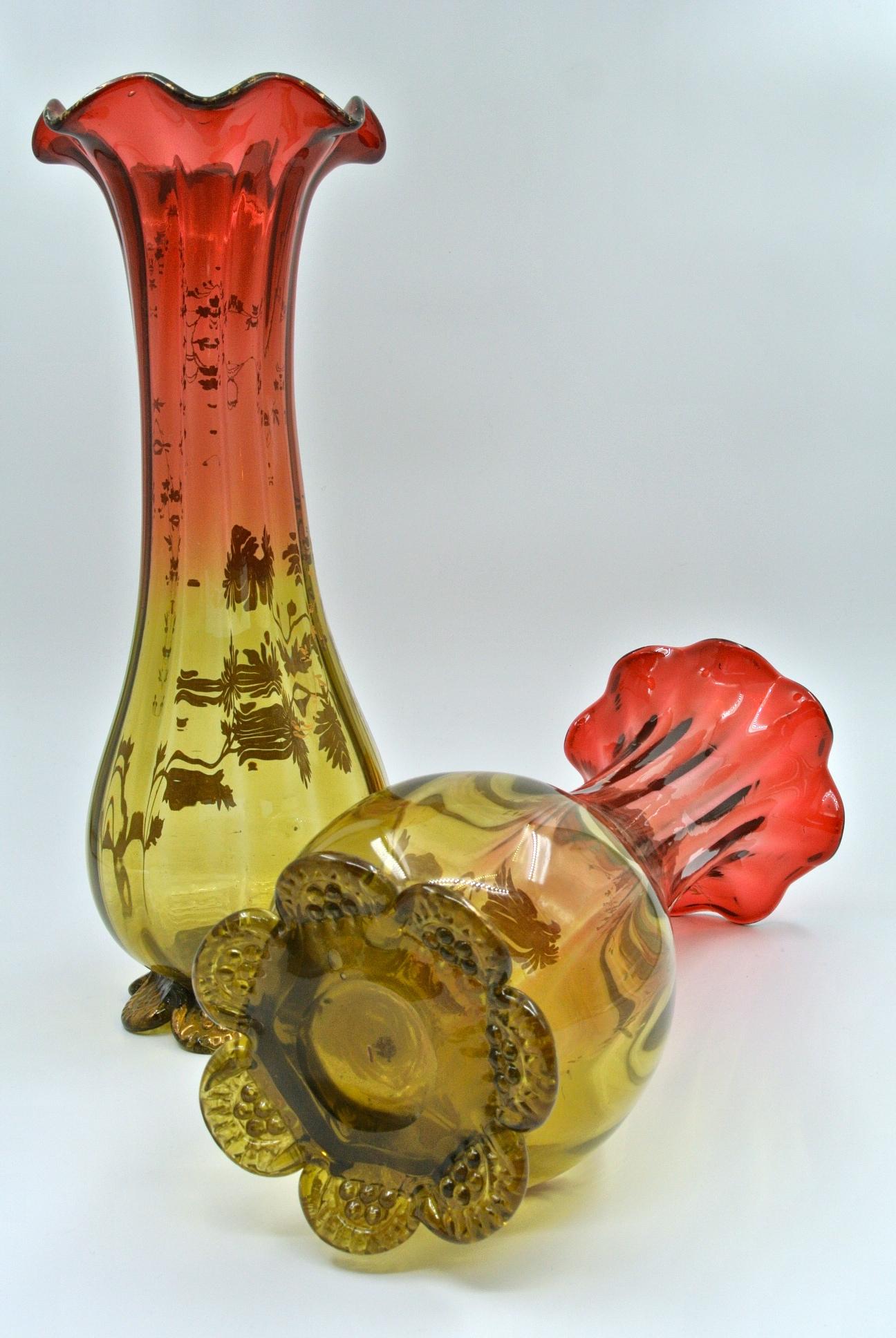 19th Century Set of 3 Vases, Enameled Crystal