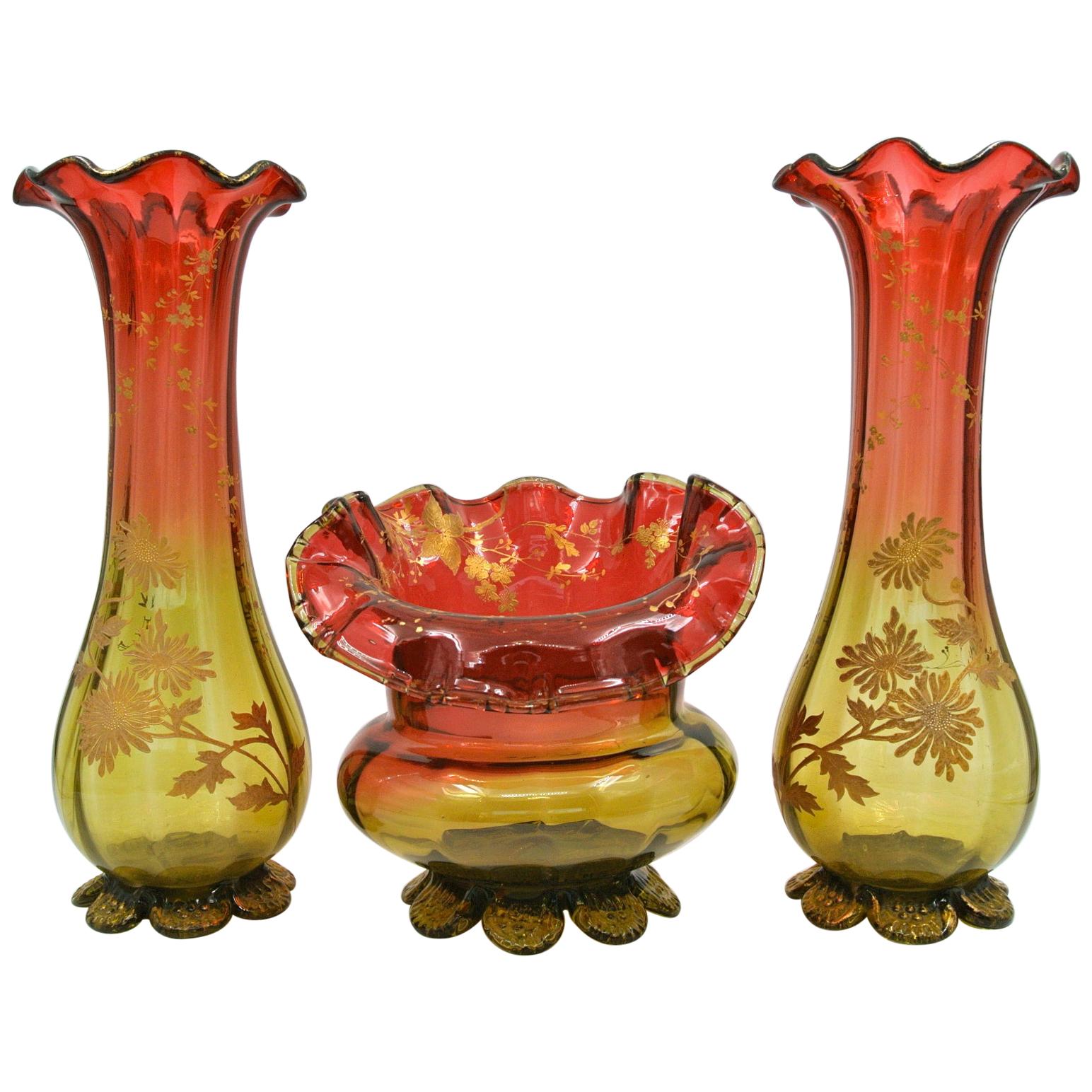 Set of 3 Vases, Enameled Crystal
