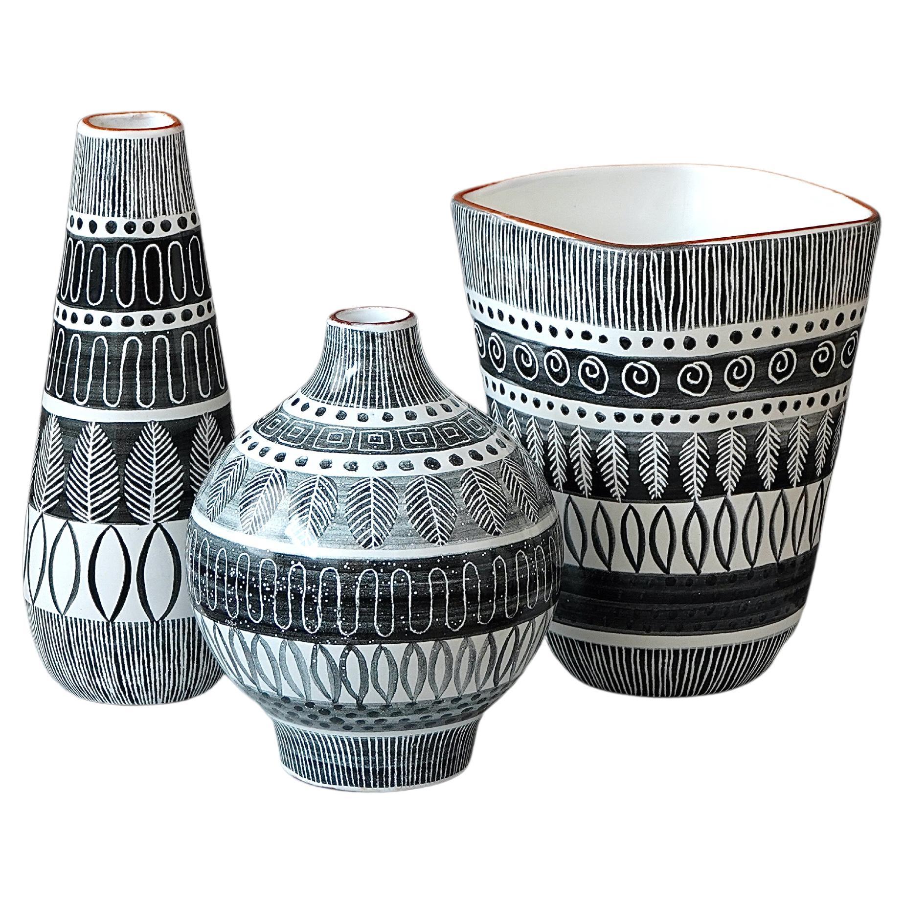 Set of 3 Vases 'Grafika' by Ingrid Atterberg, Upsala-Ekeby, Sweden, 1950s For Sale