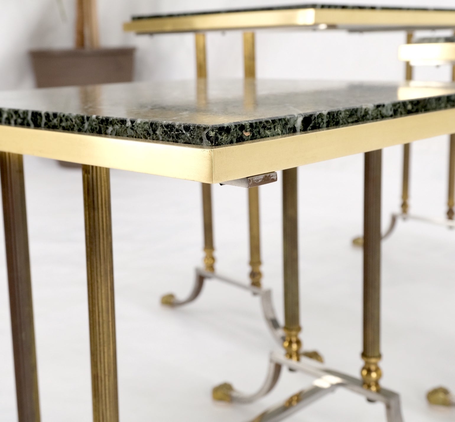 Set of 3 very fine metal work brass chrome marble top nesting side end tables.