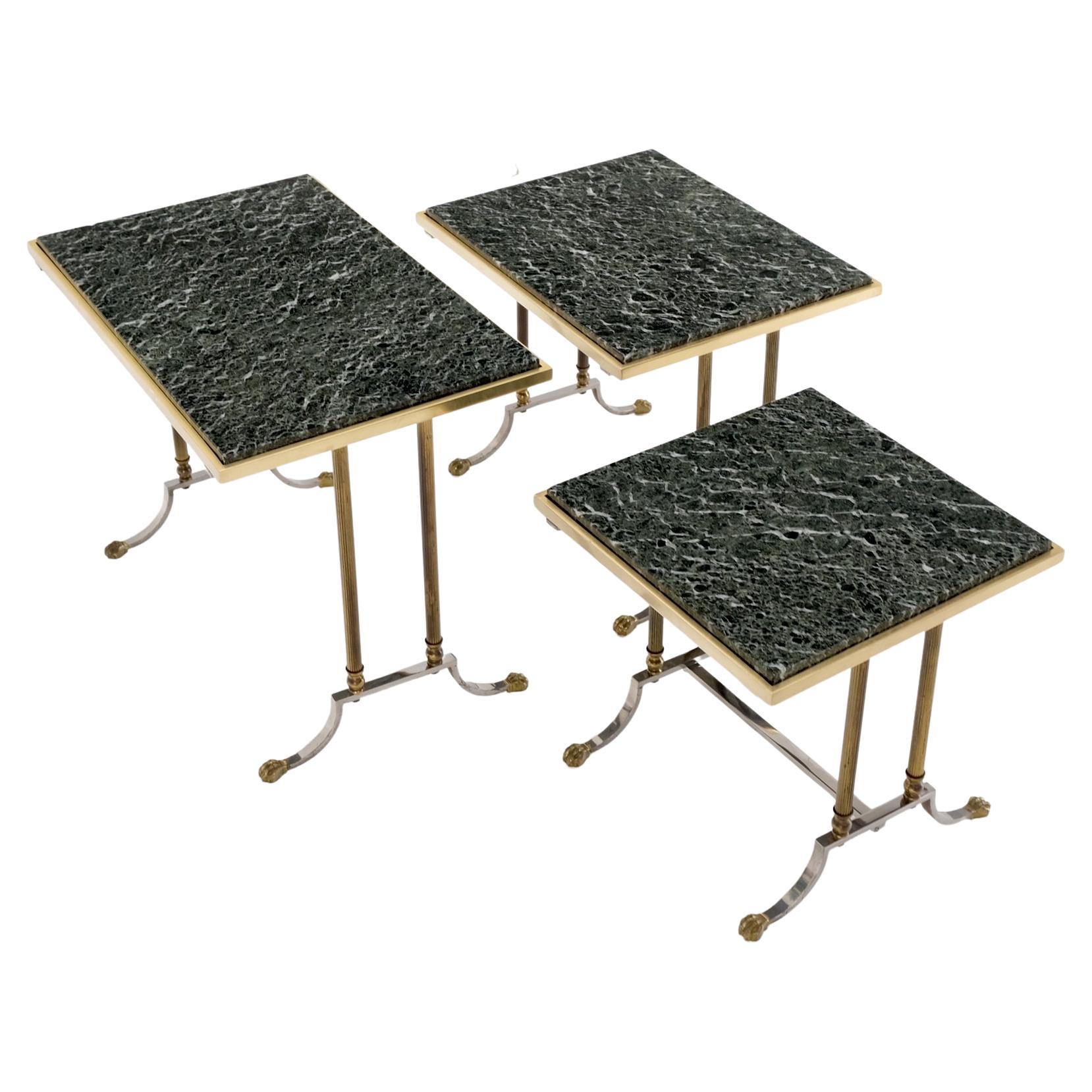 Mid-Century Modern Set of 3 Very Fine Metal Work Brass Chrome Marble Top Nesting Side End Tables For Sale