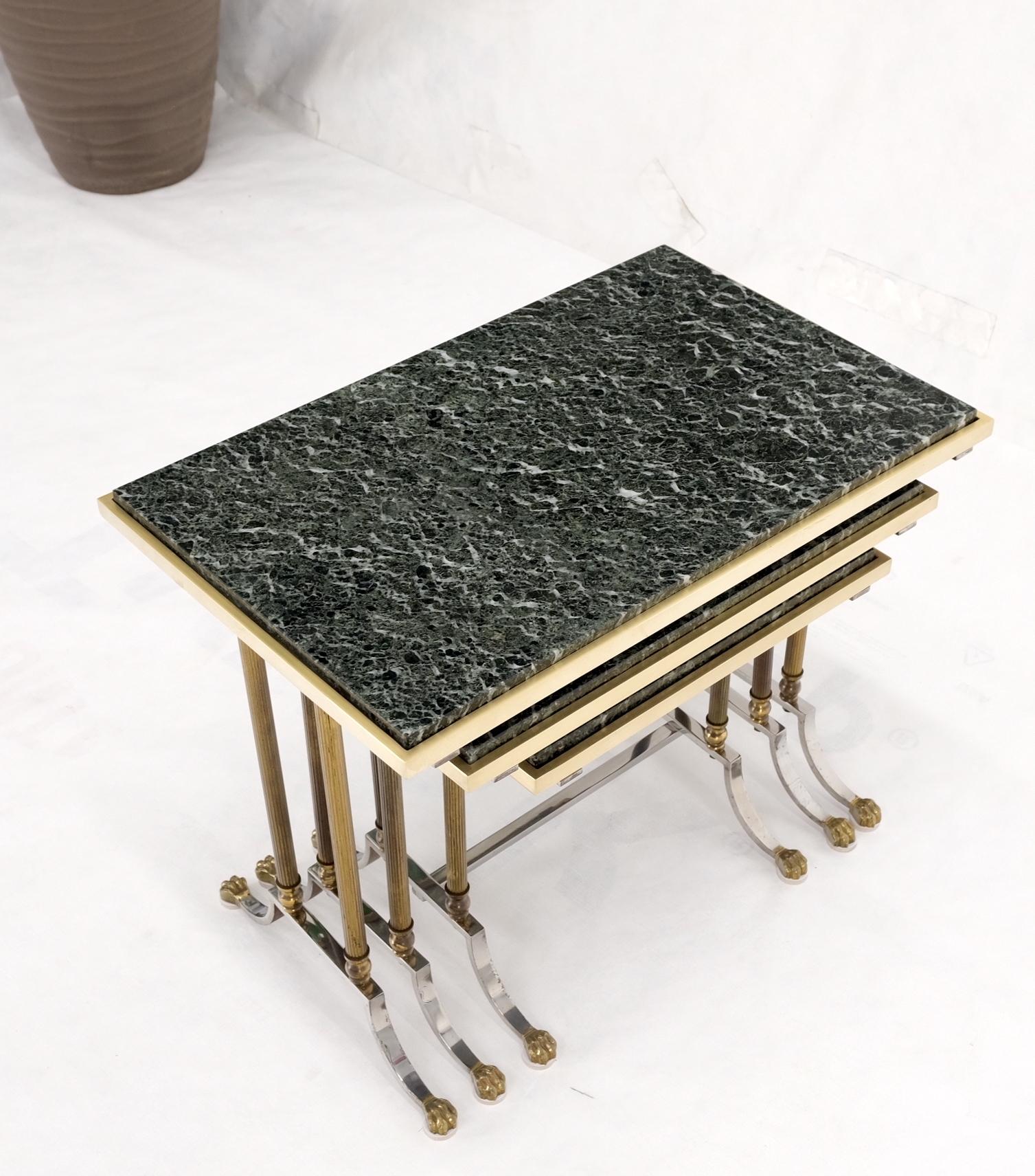American Set of 3 Very Fine Metal Work Brass Chrome Marble Top Nesting Side End Tables For Sale