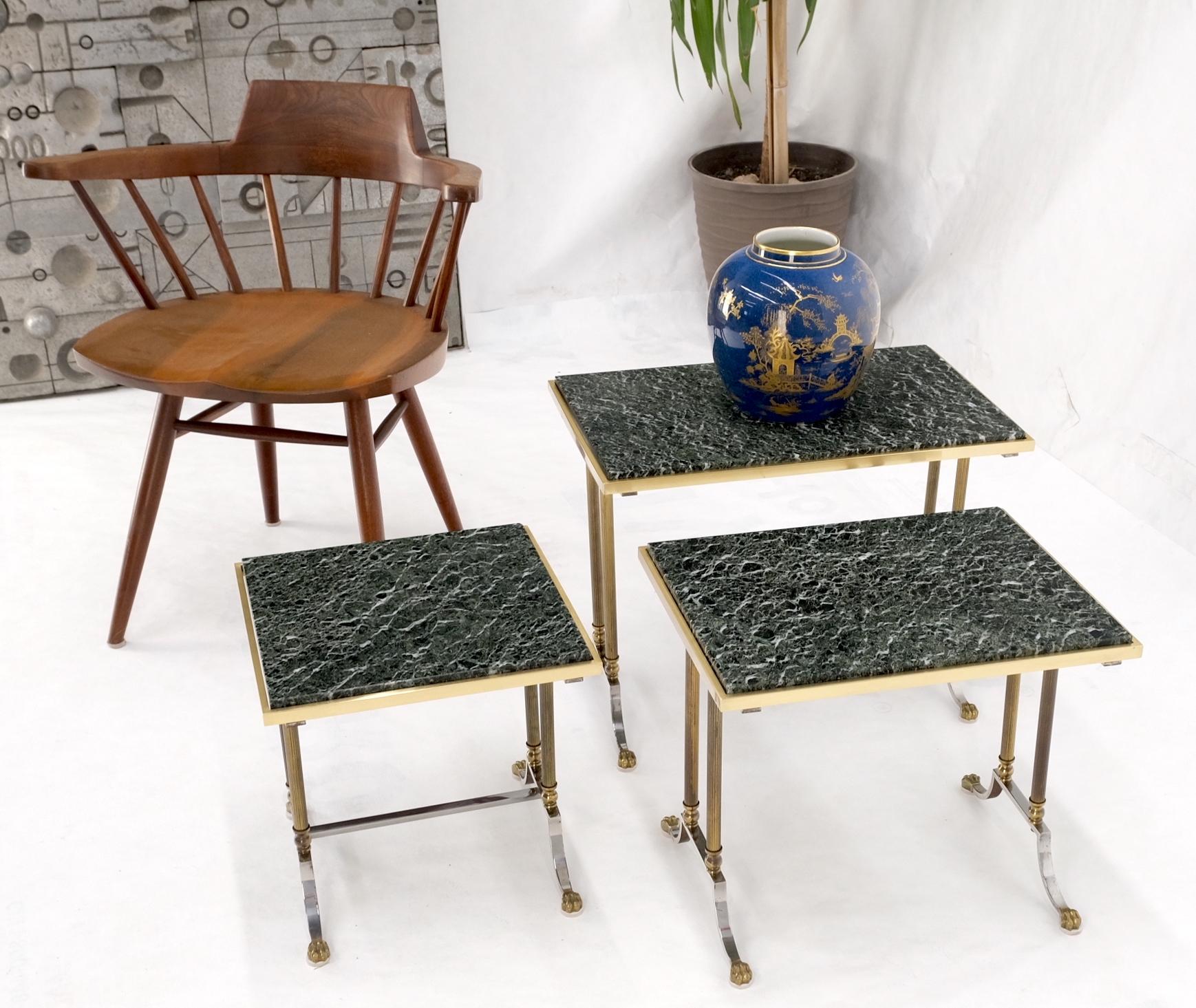 20th Century Set of 3 Very Fine Metal Work Brass Chrome Marble Top Nesting Side End Tables For Sale