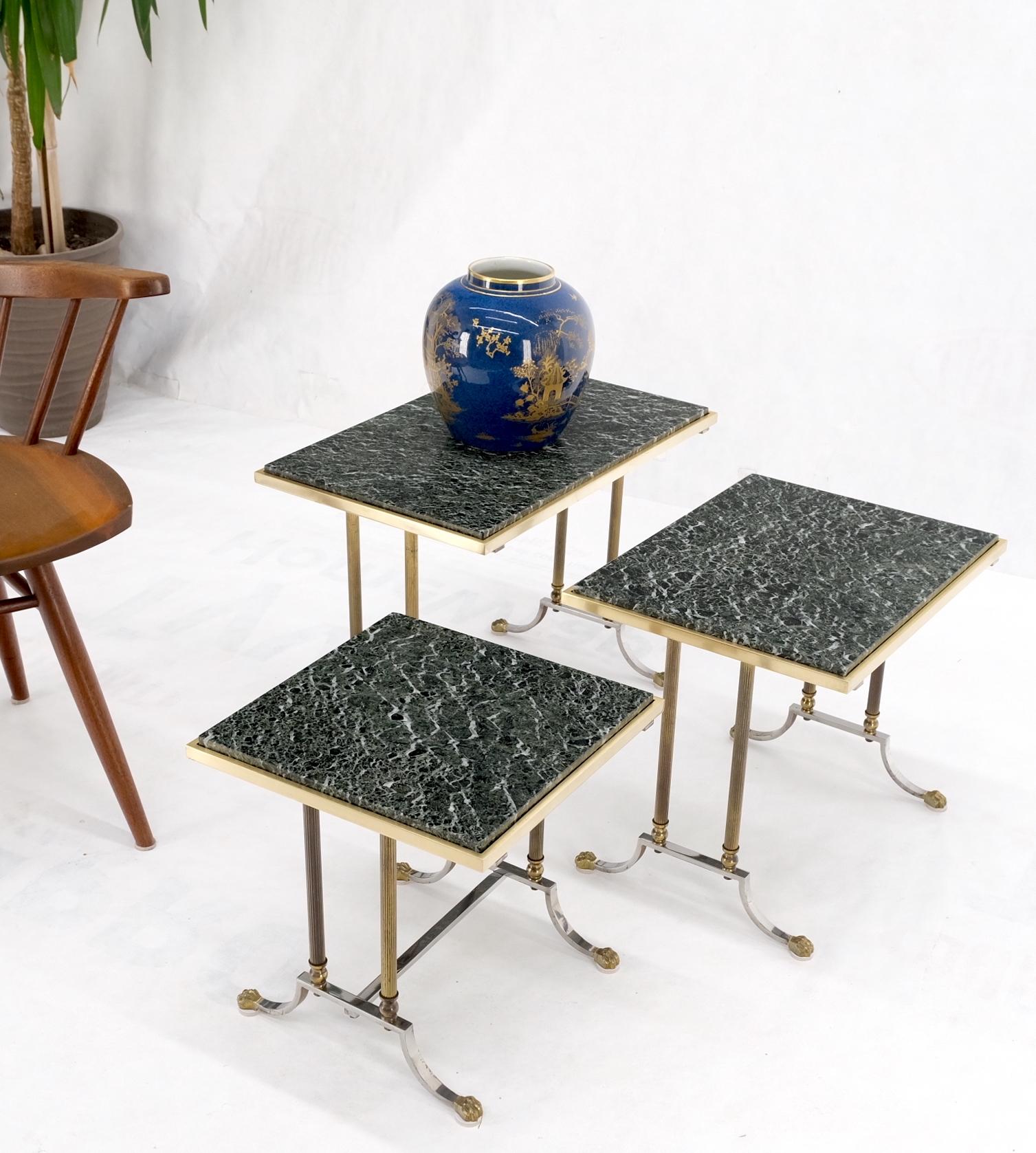Set of 3 Very Fine Metal Work Brass Chrome Marble Top Nesting Side End Tables For Sale 1