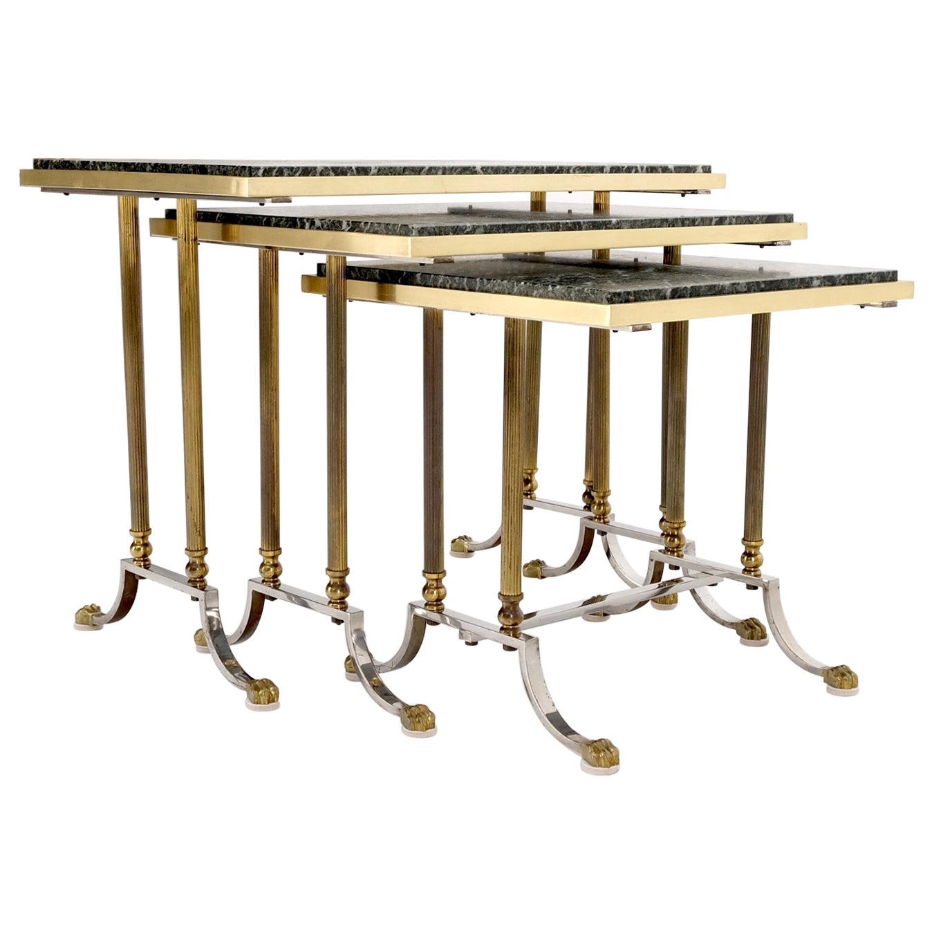 Set of 3 Very Fine Metal Work Brass Chrome Marble Top Nesting Side End Tables