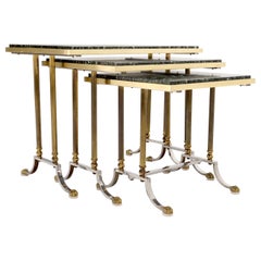 Set of 3 Very Fine Metal Work Brass Chrome Marble Top Nesting Side End Tables