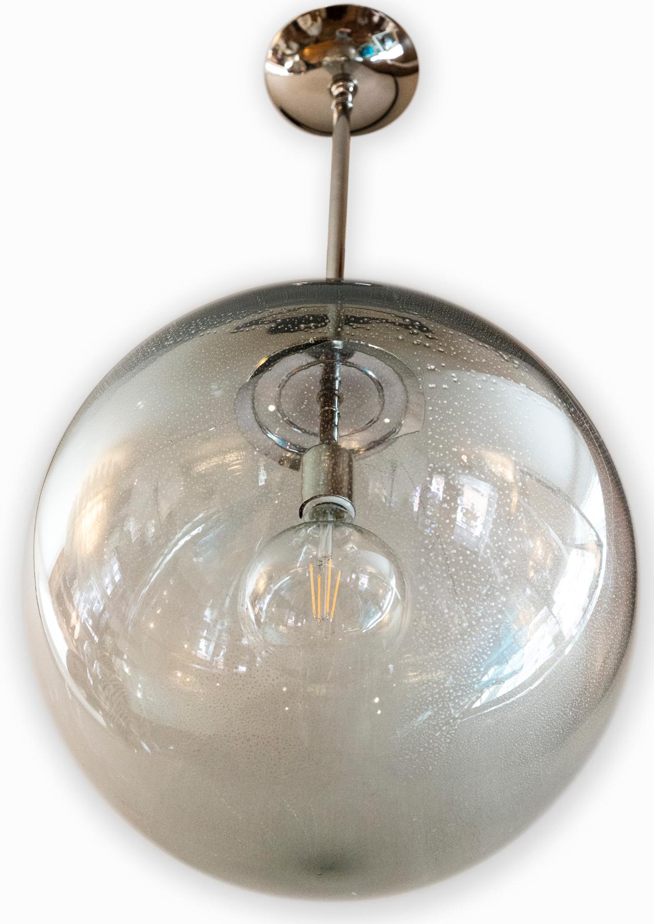 Organic Modern Set of 3 Very Large Pair Italian Murano Glass Blown Grey Globe Ceiling Fixtures For Sale