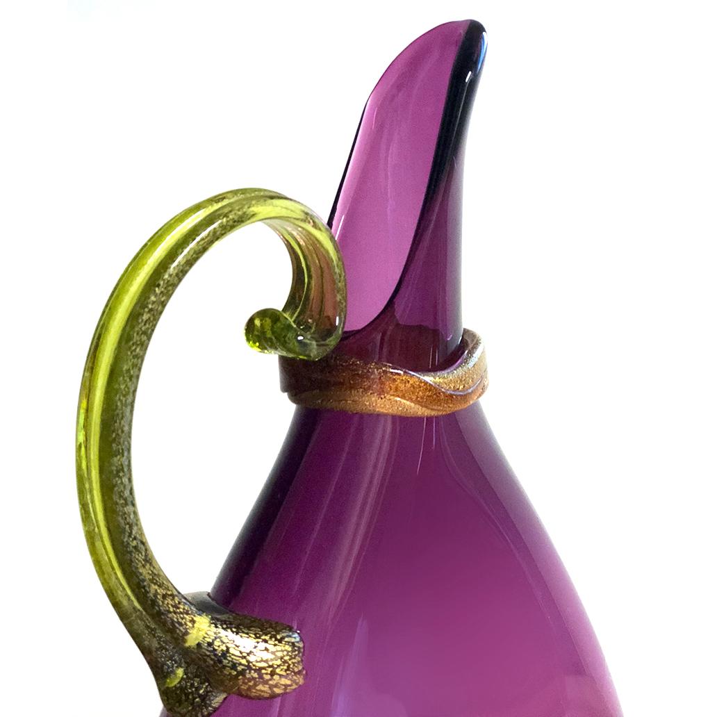 Hand-Crafted Set of 3 Vibrant Amethyst, Emerald, Apricot Blown Glass Pitchers by Vetro Vero