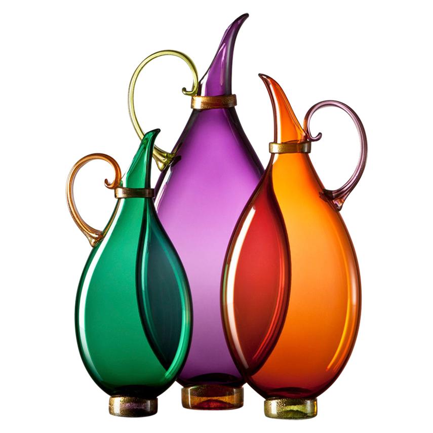 Set of 3 Vibrant Amethyst, Emerald, Apricot Blown Glass Pitchers by Vetro Vero