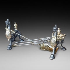 Set of 3 Victorian Brass and Cast Iron Fire Tools with Andirons