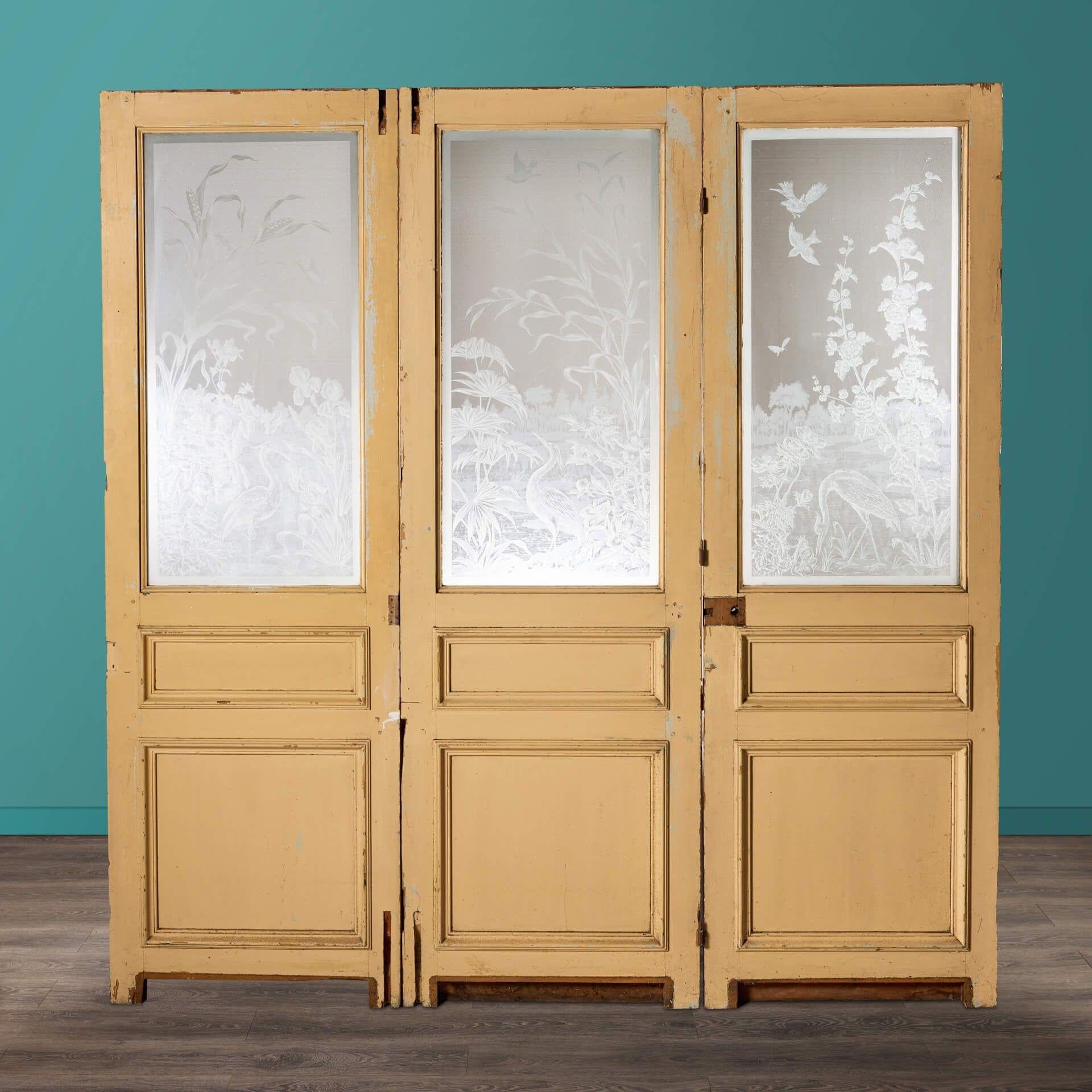 Dutch Set of 3 Victorian Internal Acid Etched Glass Doors For Sale