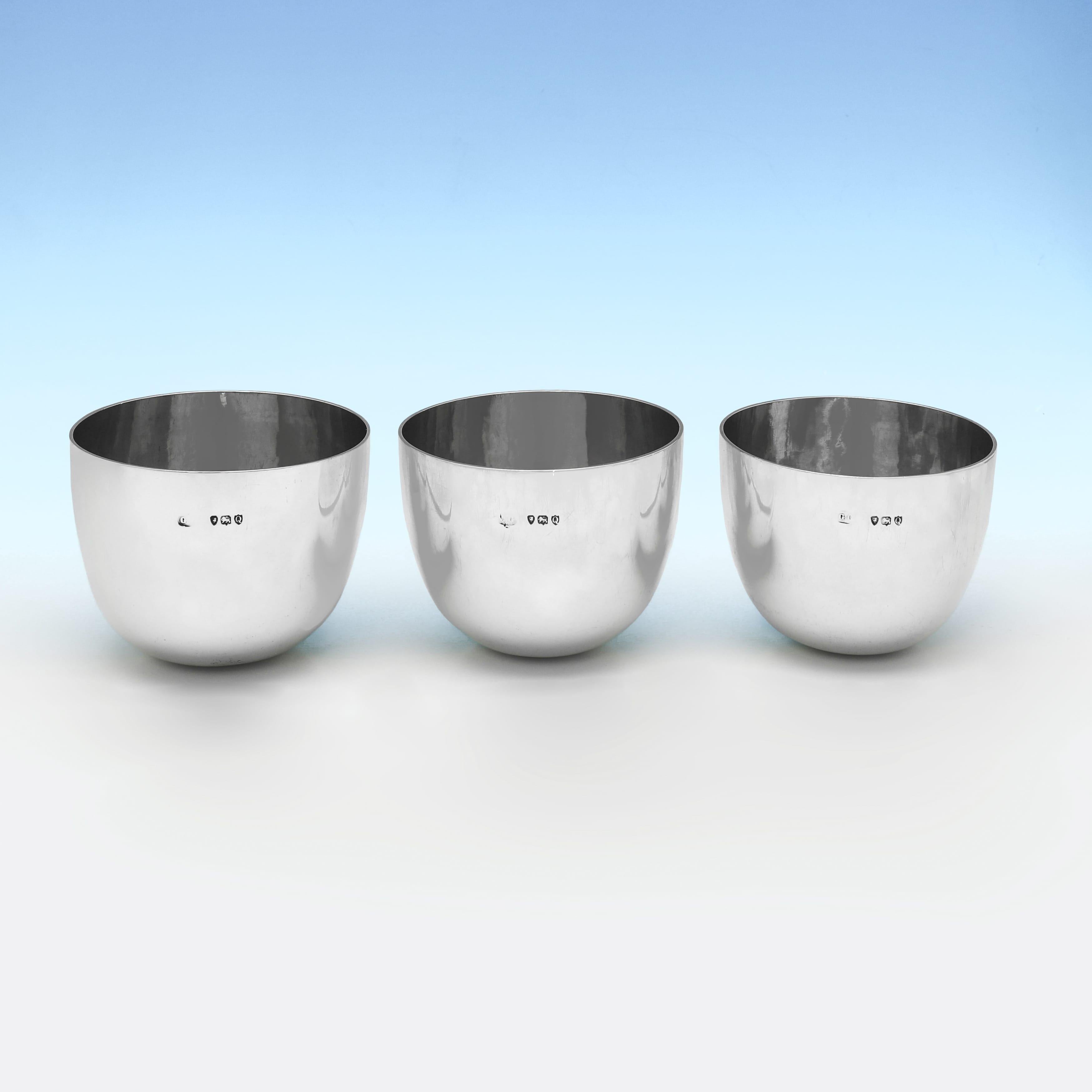 Hallmarked in London in 1891 by George Gilliam, this very handsome set of 3, Victorian, Antique Sterling Silver Tumbler Cups, are plain in design, and of the traditional form. The tumbler cups stack together for carrying. When stacked together they