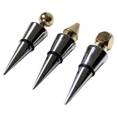 Set of 3 Vintage Bottle Stoppers Metal Geometric Conical with Golden Tops, 1980s