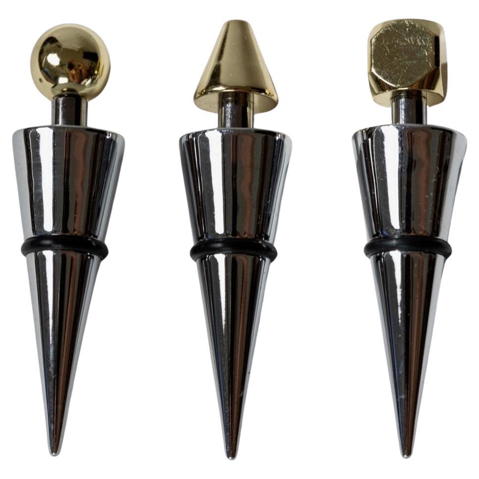 Set of 3 Vintage Bottle Stoppers Metal Geometric Conical with Golden Tops, 1980s