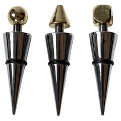 Set of 3 Vintage Bottle Stoppers Metal Geometric Conical with Golden Tops, 1980s
