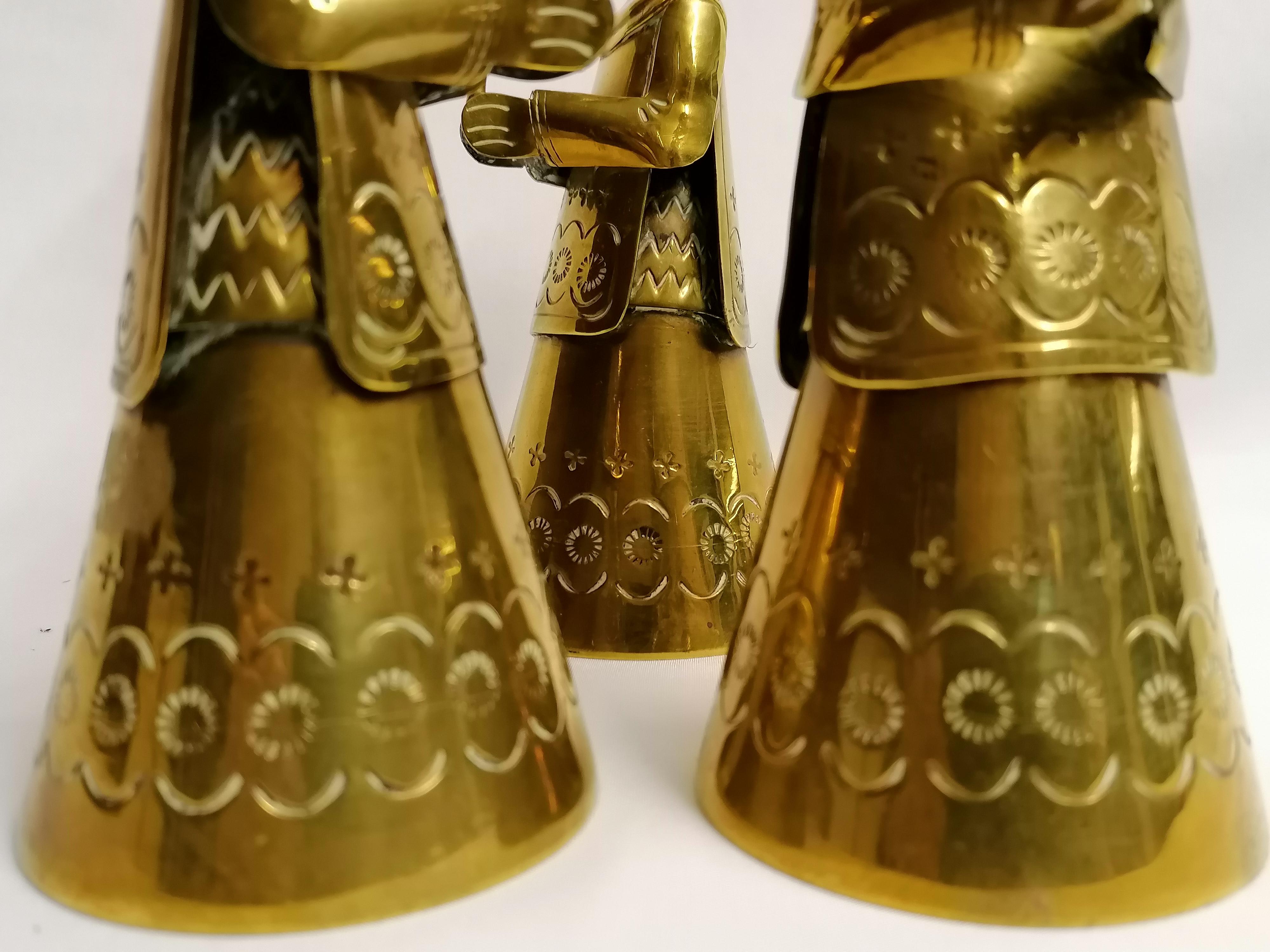 Engraved Set of 3 Vintage Brass Angels Alter Hand Hammered P Mexico 4 For Sale