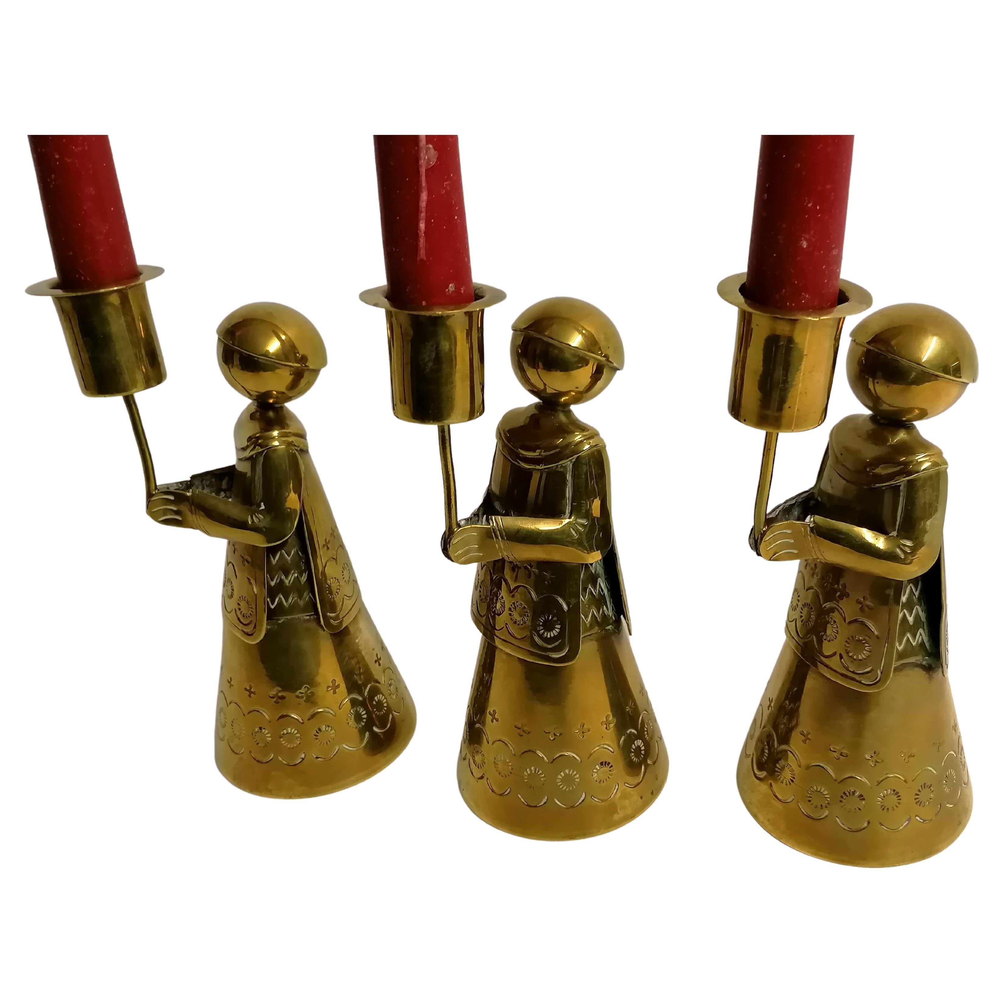 Set of 3 Vintage Brass Angels Alter Hand Hammered P Mexico 4 For Sale