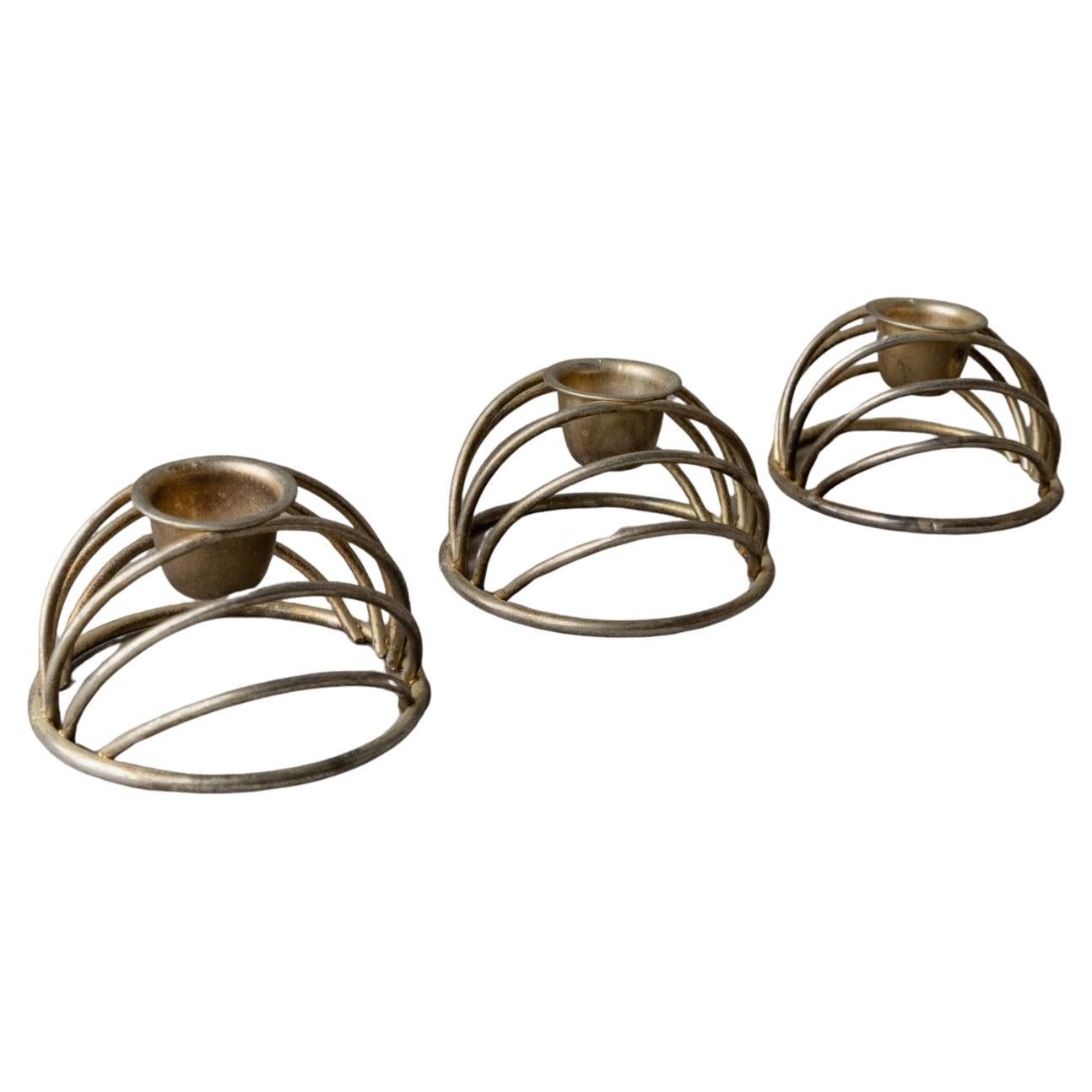 Set di 3 portacandele vintage in ottone per 3 candele, Italia, anni '70