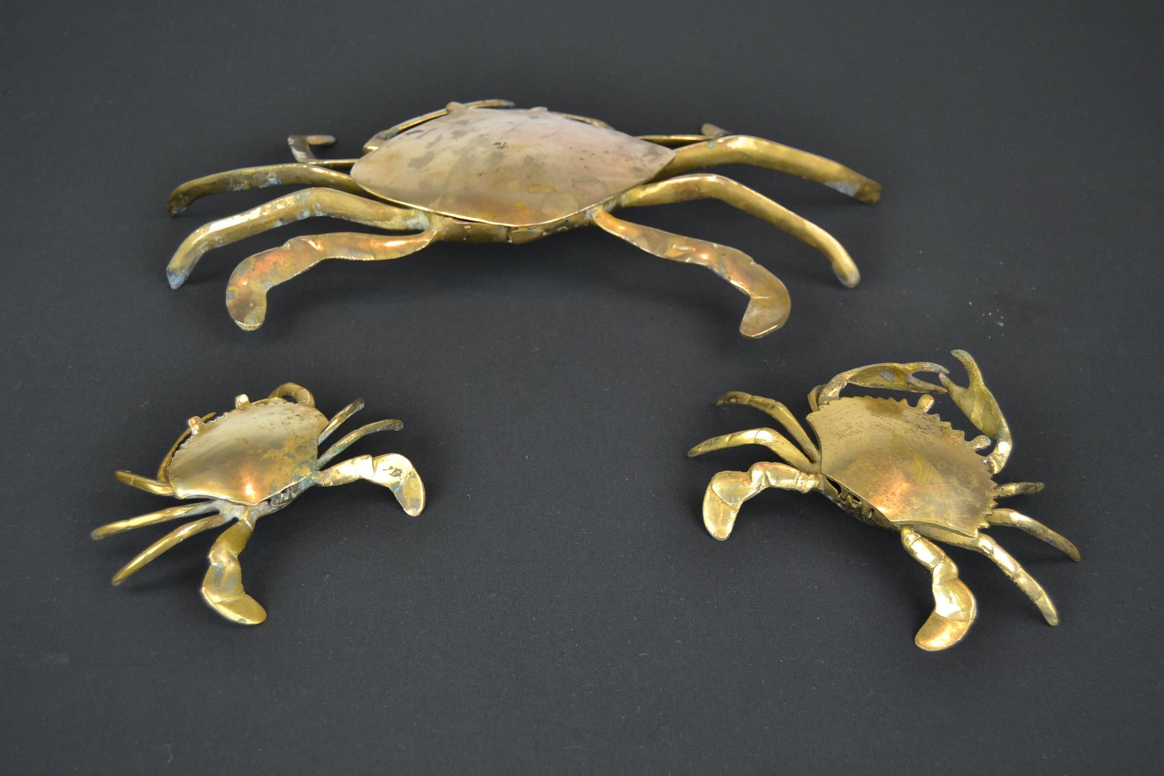 Set of 3 Vintage Brass Crab Trinket Boxes, Crab Sculptures with Lid 7