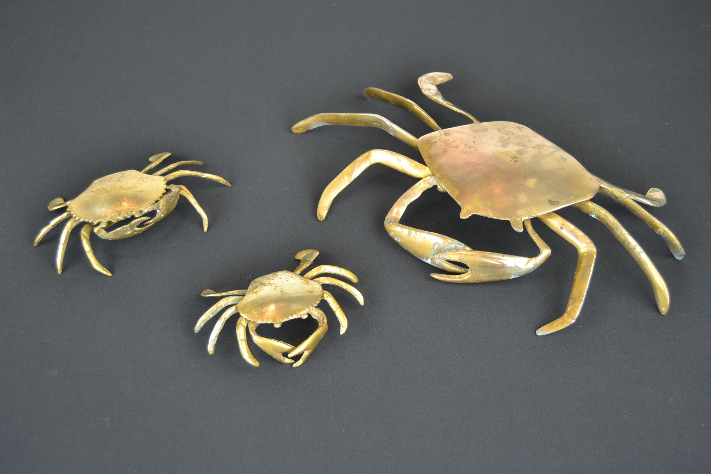 Set of 3 Vintage Brass Crab Trinket Boxes, Crab Sculptures with Lid 8