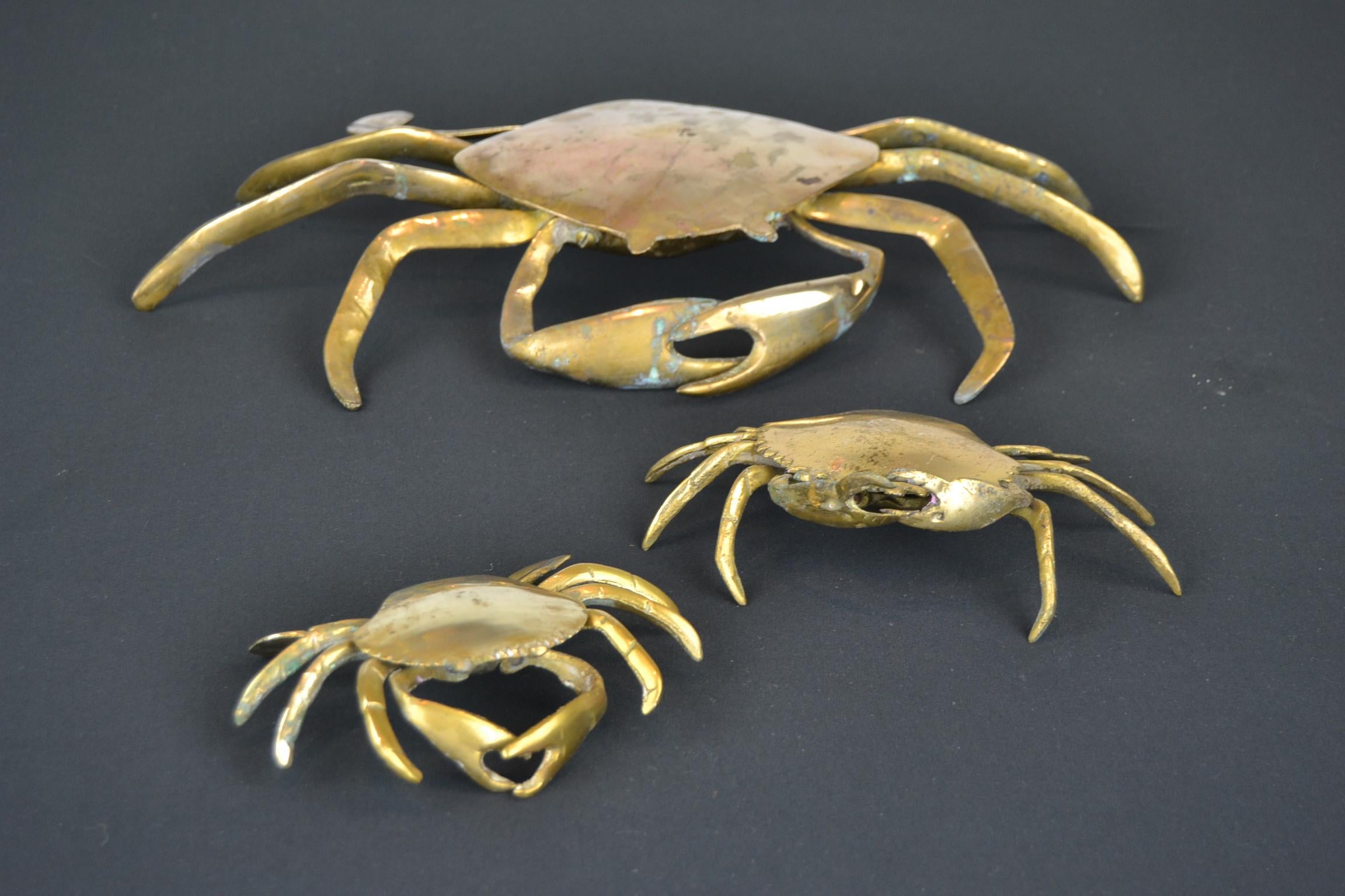 Set of 3 Vintage Brass Crab Trinket Boxes, Crab Sculptures with Lid 12
