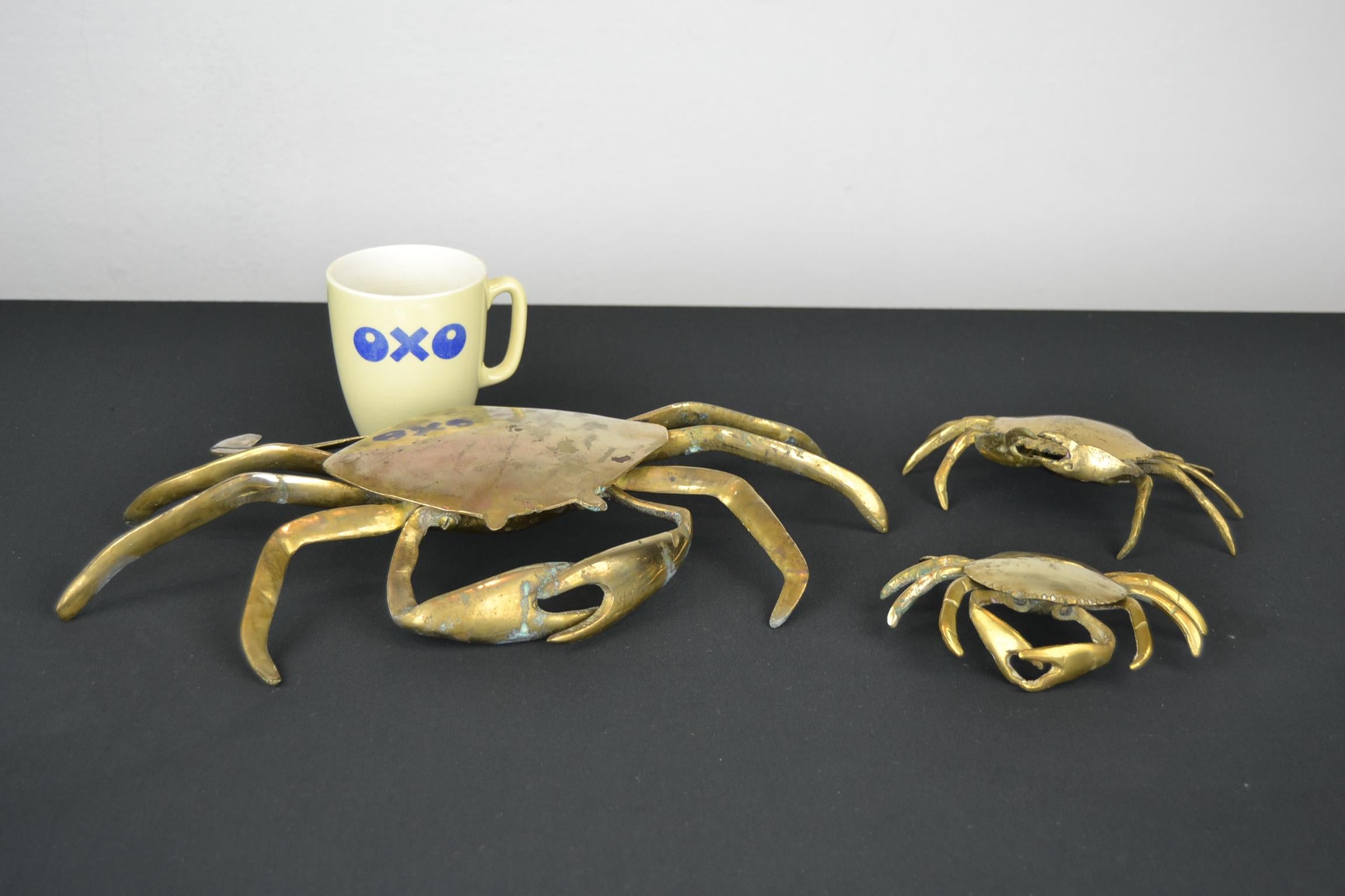 Set of 3 vintage brass crab sculptures.
These life-size copper crab animal trinket boxes date from the late 1960s-1970s. They all have a lid which can be opened. These brass animal sculptures have a patina by age. We did not polish the brass, so