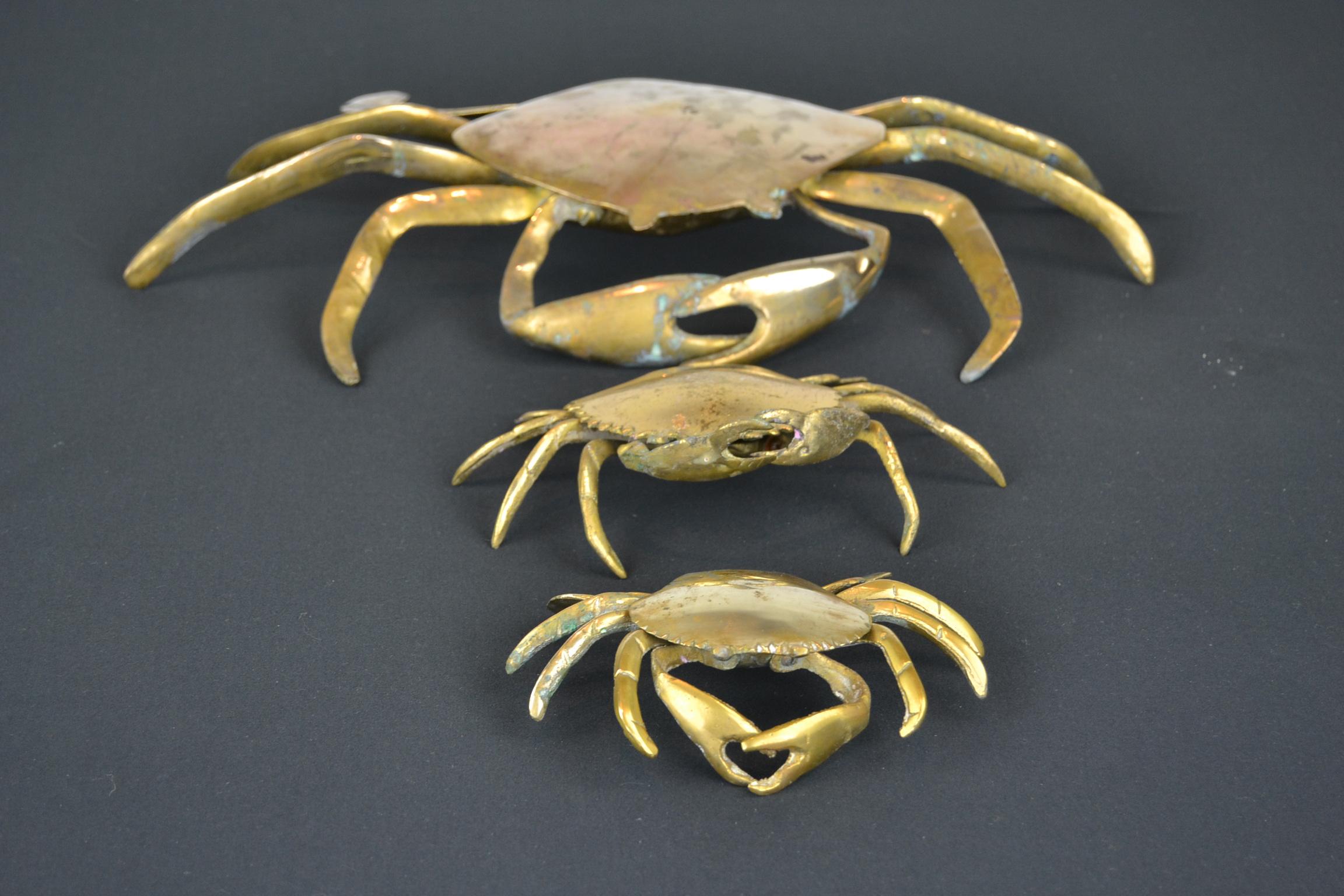Set of 3 Vintage Brass Crab Trinket Boxes, Crab Sculptures with Lid 13