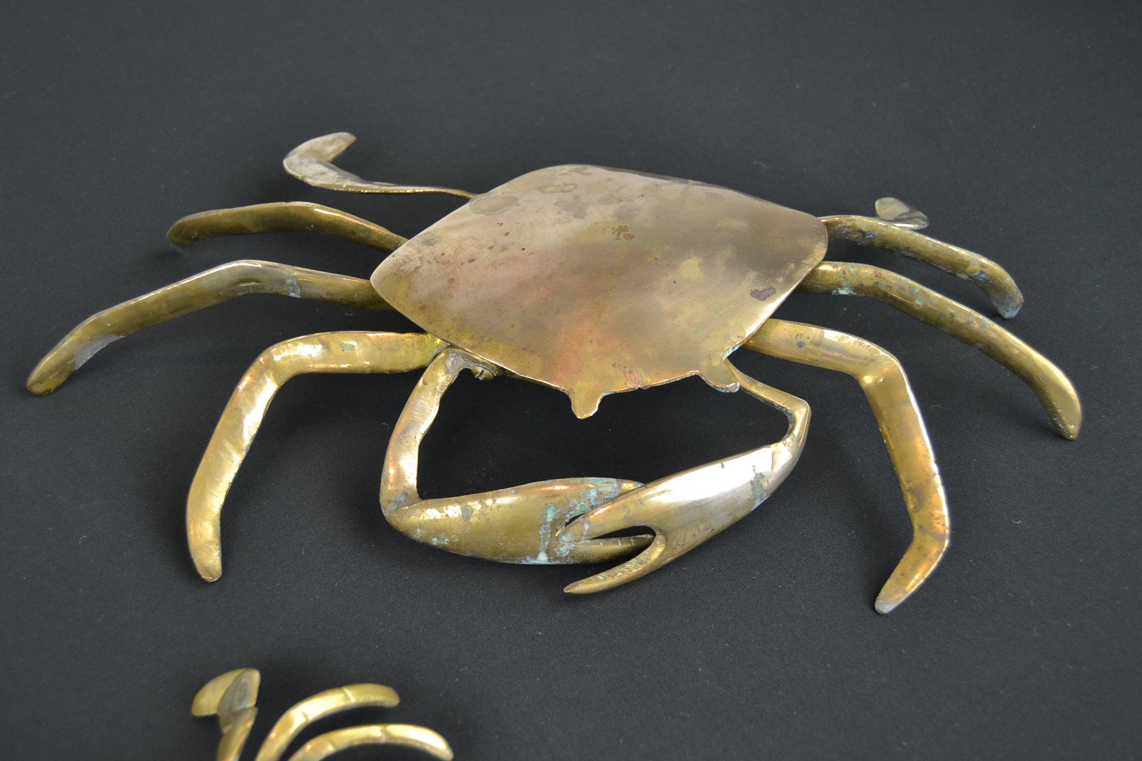 Mid-Century Modern Set of 3 Vintage Brass Crab Trinket Boxes, Crab Sculptures with Lid