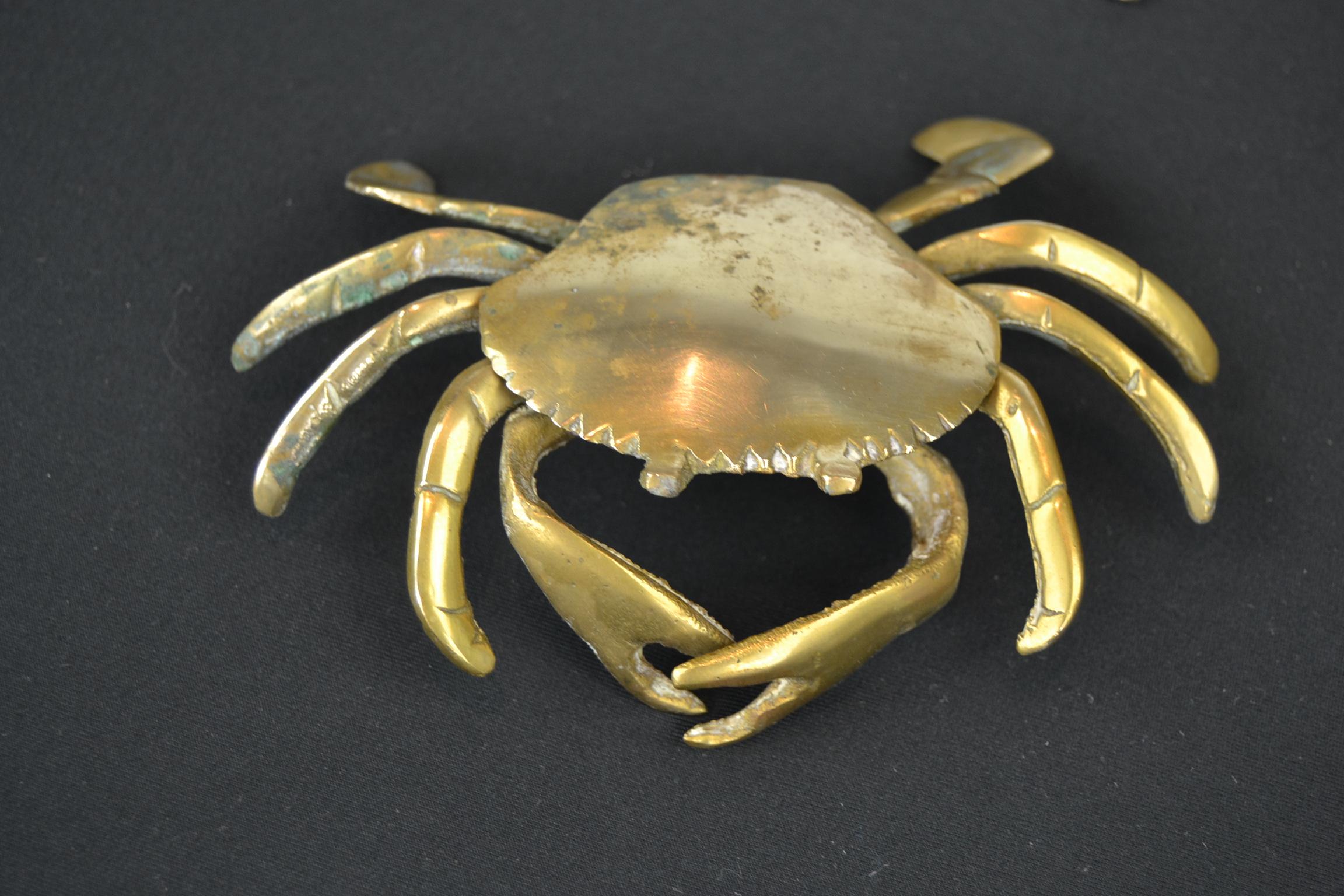 European Set of 3 Vintage Brass Crab Trinket Boxes, Crab Sculptures with Lid