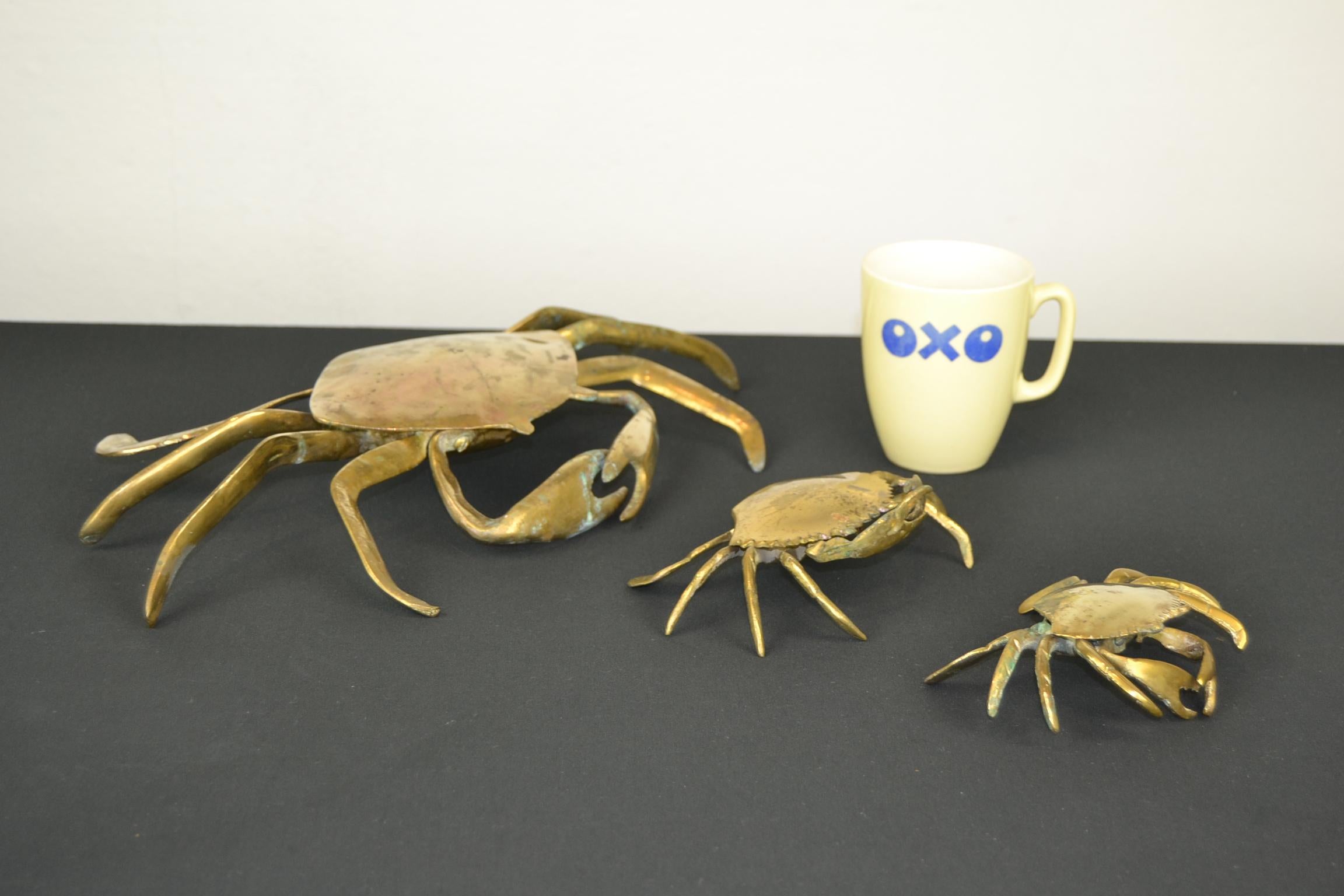 Set of 3 Vintage Brass Crab Trinket Boxes, Crab Sculptures with Lid In Good Condition In Retie, BE