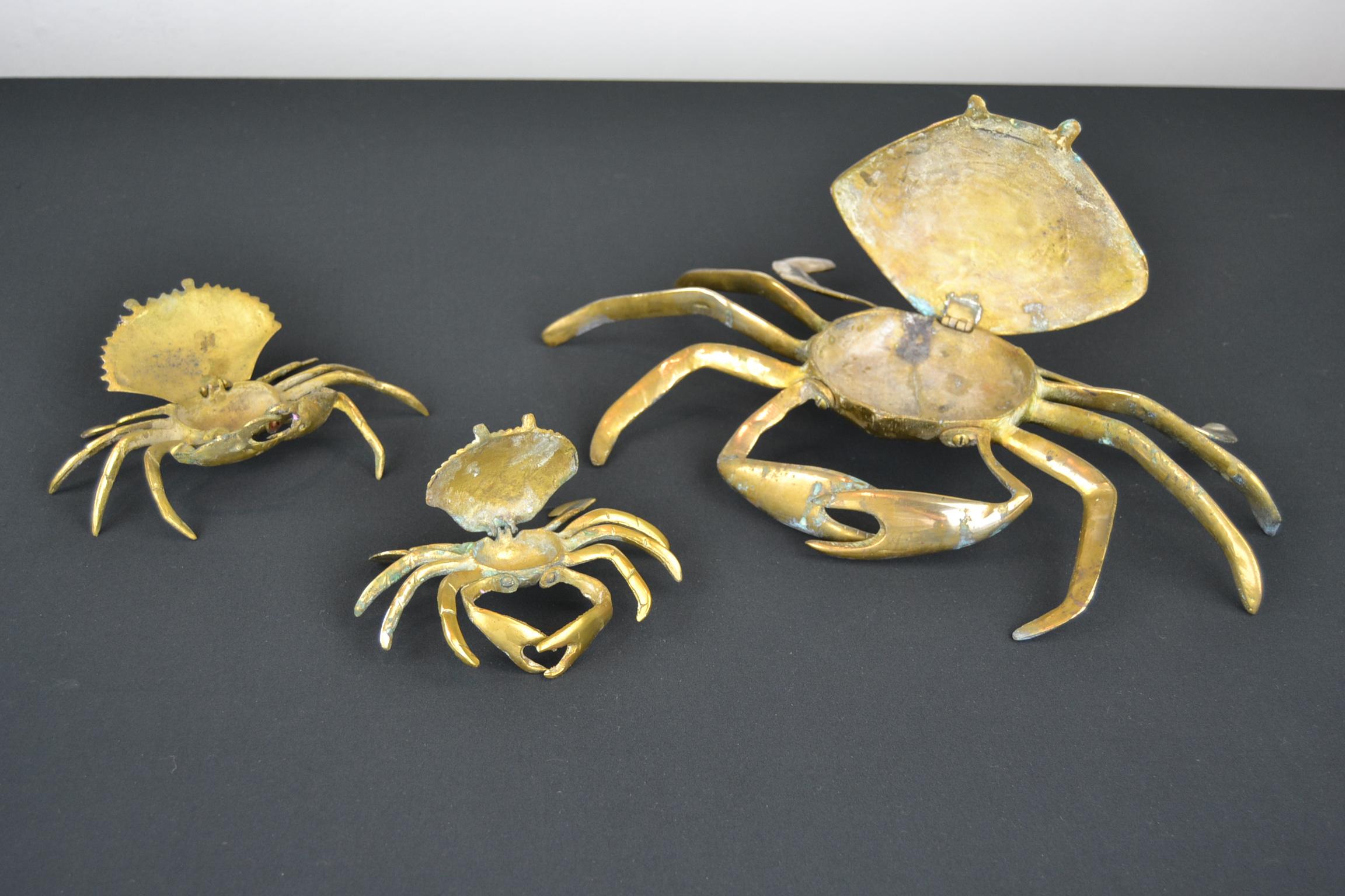 20th Century Set of 3 Vintage Brass Crab Trinket Boxes, Crab Sculptures with Lid