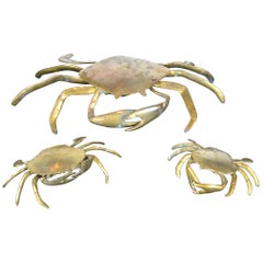 Set of 3 Vintage Brass Crab Trinket Boxes, Crab Sculptures with Lid