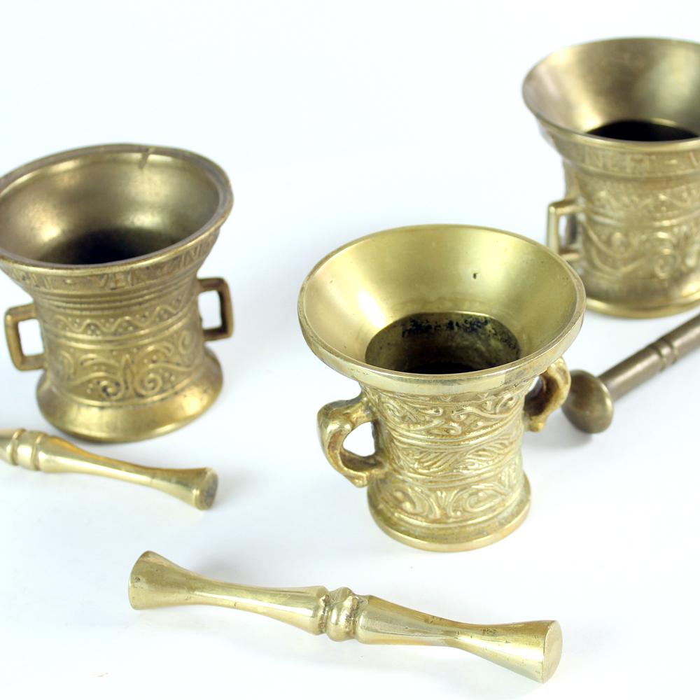 Bohemian Set of 3 Vintage Brass Pestle & Mortars, Czechoslovakia, Circa 1940s For Sale