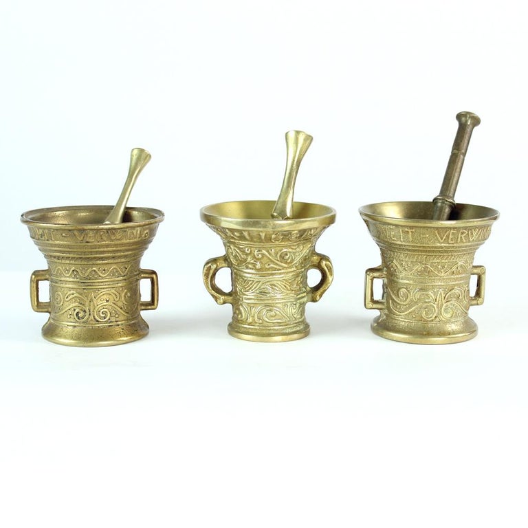 Set of 3 Vintage Brass Pestle and Mortars, Czechoslovakia, Circa 1940s