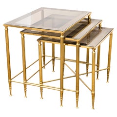 Set of 3 Vintage Brass & Smoked Glass Nesting Tables Attributed to Maison Jansen