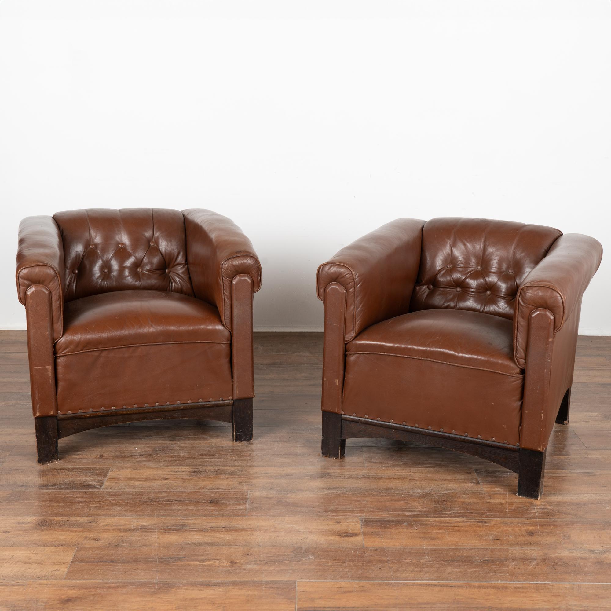 Danish Set of 3, Vintage Brown Leather Sofa and Pair of Club Chairs, Denmark circa 1960 For Sale