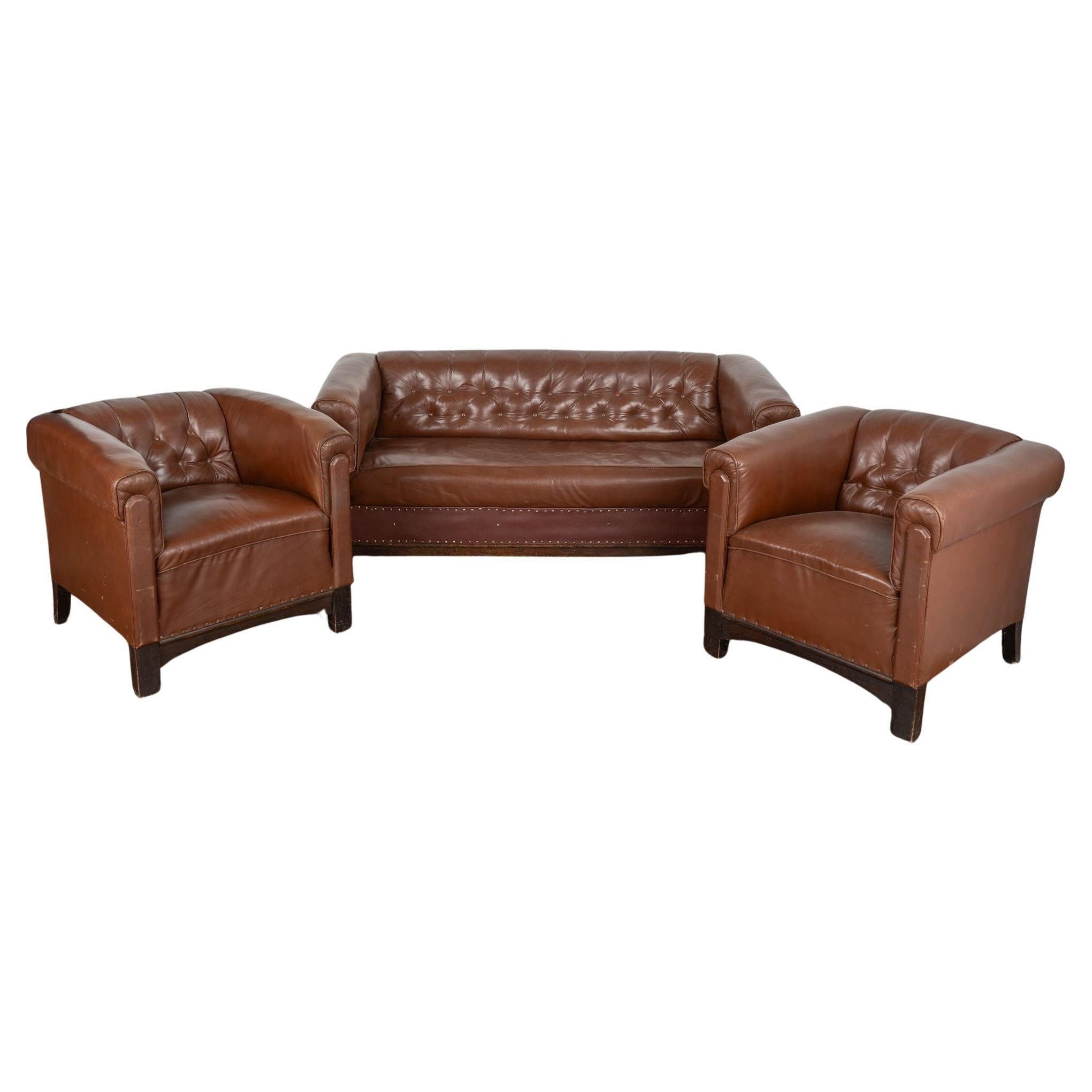 Set of 3 Vintage Brown Leather Sofa and Pair of Club Chairs Denmark circa 1960