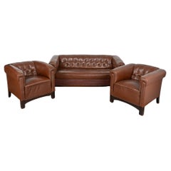 Set of 3, Used Brown Leather Sofa and Pair of Club Chairs, Denmark circa 1960