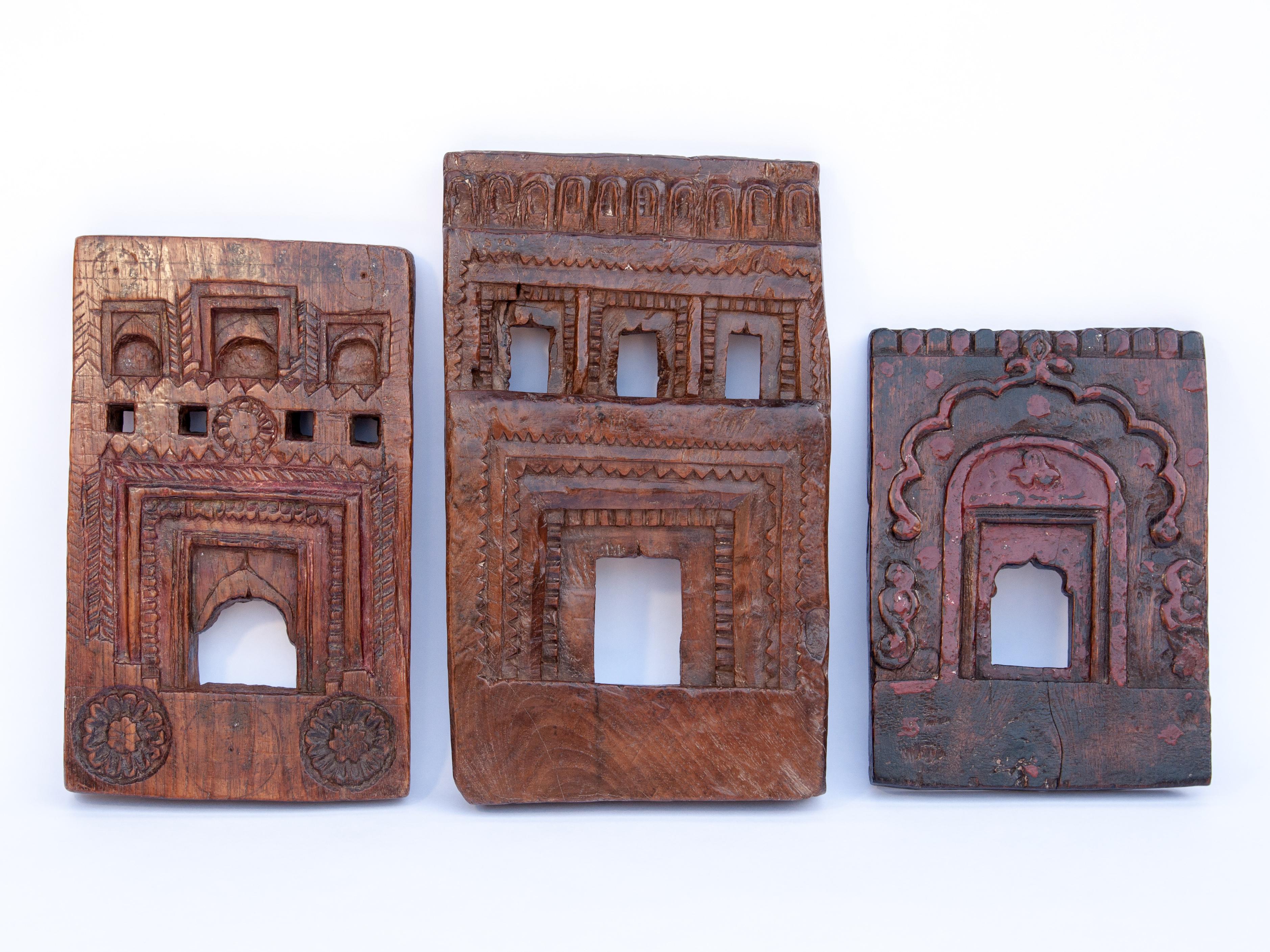 Set of 3 Vintage Carved Wood Votive or Picture Frames, Mid-20th Century, India.