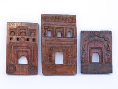 Set of 3 Vintage Carved Wood Votive or Picture Frames, Mid-20th Century, India.