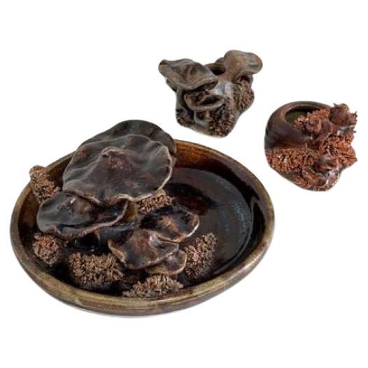 Set de 3: Centro de mesa de cerámica vintage con forma de seta + Portavelas de cerámica marrón con forma de seta