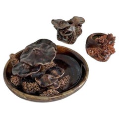 Set de 3 : Centre de table champignon en céramique vintage + Porte-bougie champignon marron en céramique