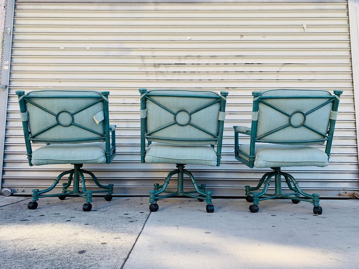 Vintage set of 3 patio chairs in casters, the chairs are made in tubular steel with a green finish, the are in casters and are easy to move.

The chairs need to be upholstered.

Measurements:
32.50 inches high x 23.50 inches wide x 25 inches