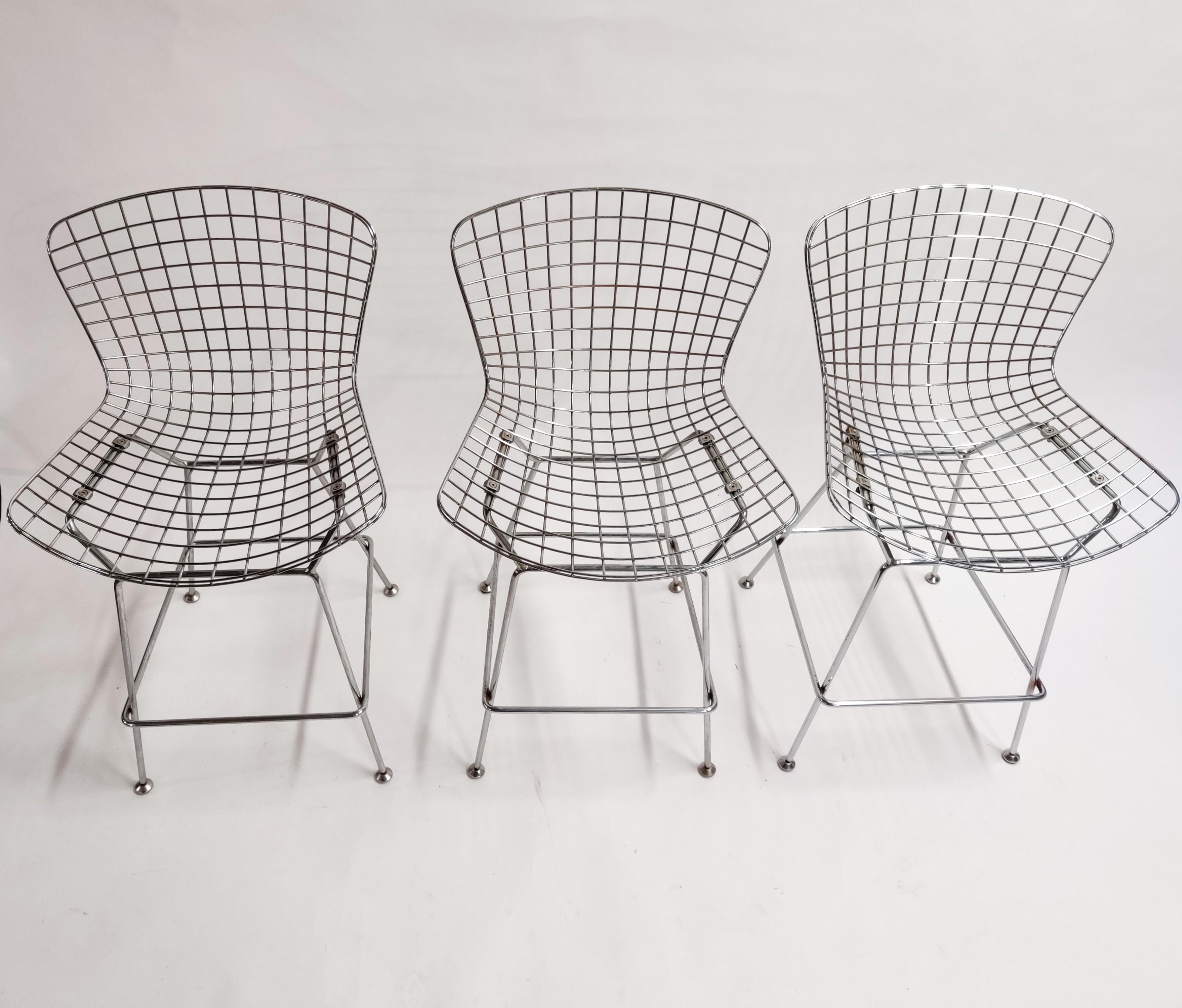 Mid-Century Modern Set of 3 Vintage Chrome Wire Bar Stools, 1980s