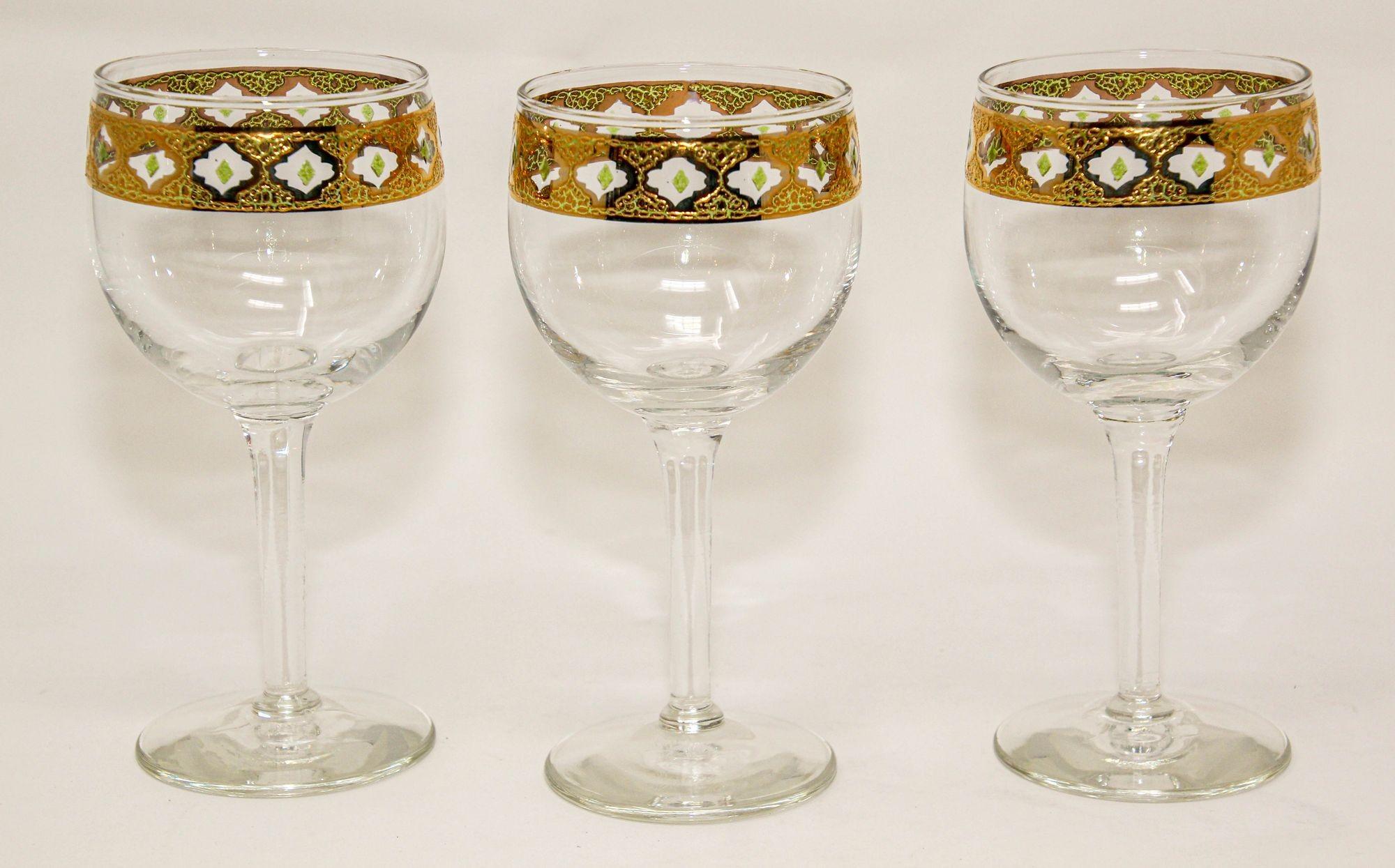 Mauresque Ensemble de 3 verres à vin vintage Culver Ltd Tyrol à bordure en or 22 carats en vente