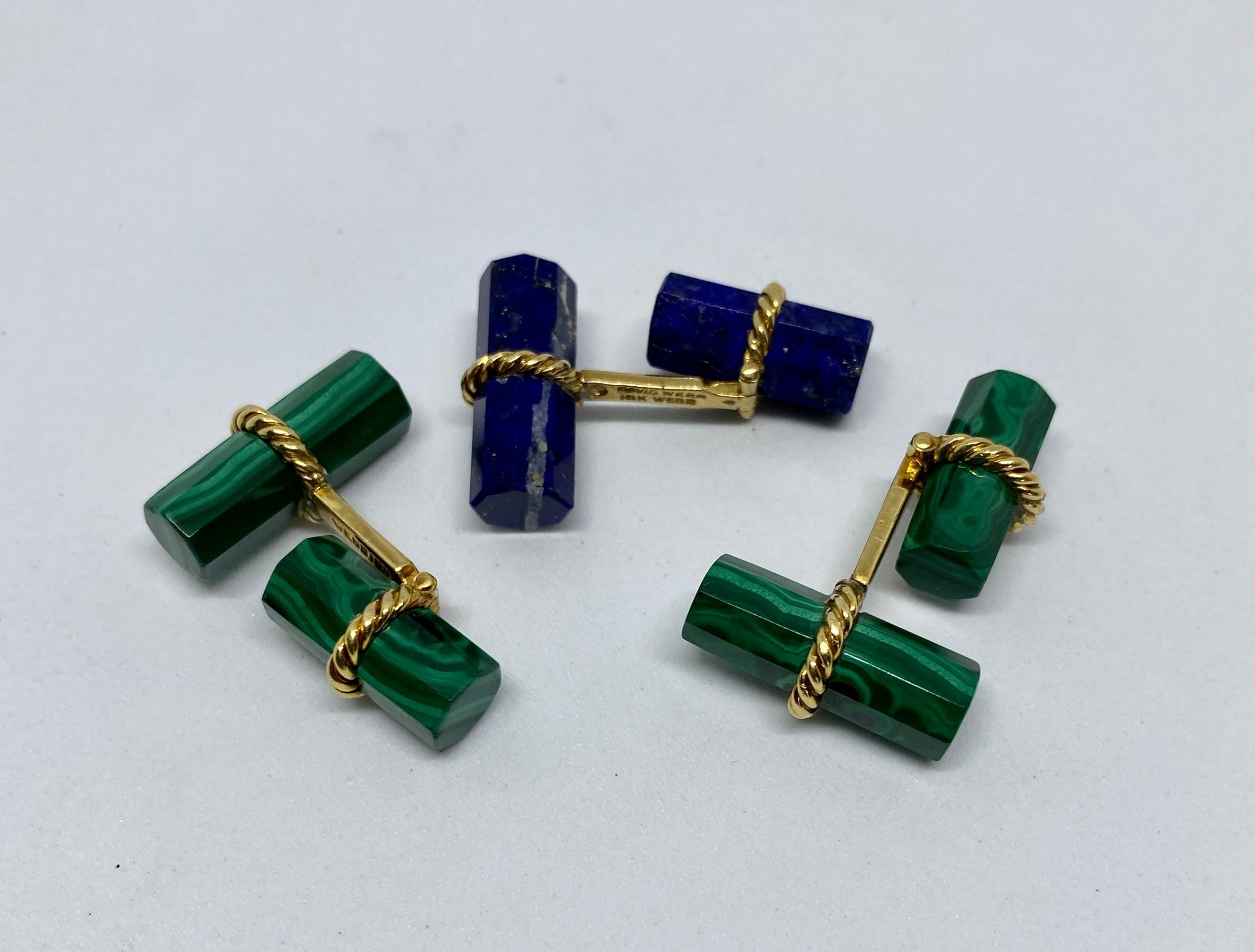 Octagon Cut Set of 3 Vintage David Webb Cufflinks in Malachite, Lapis and 18K Yellow Gold For Sale