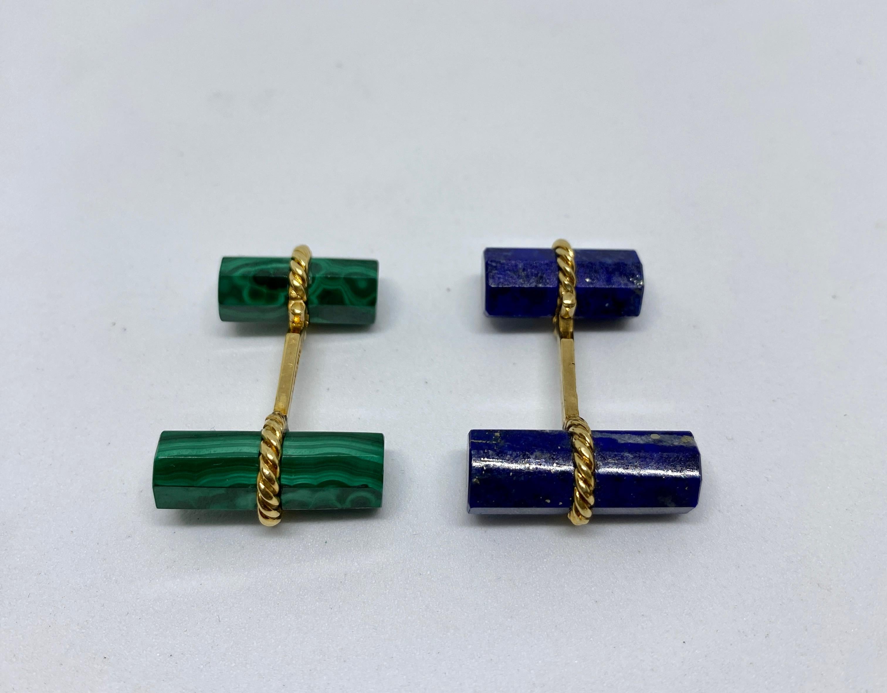 Set of 3 Vintage David Webb Cufflinks in Malachite, Lapis and 18K Yellow Gold In Good Condition For Sale In San Rafael, CA
