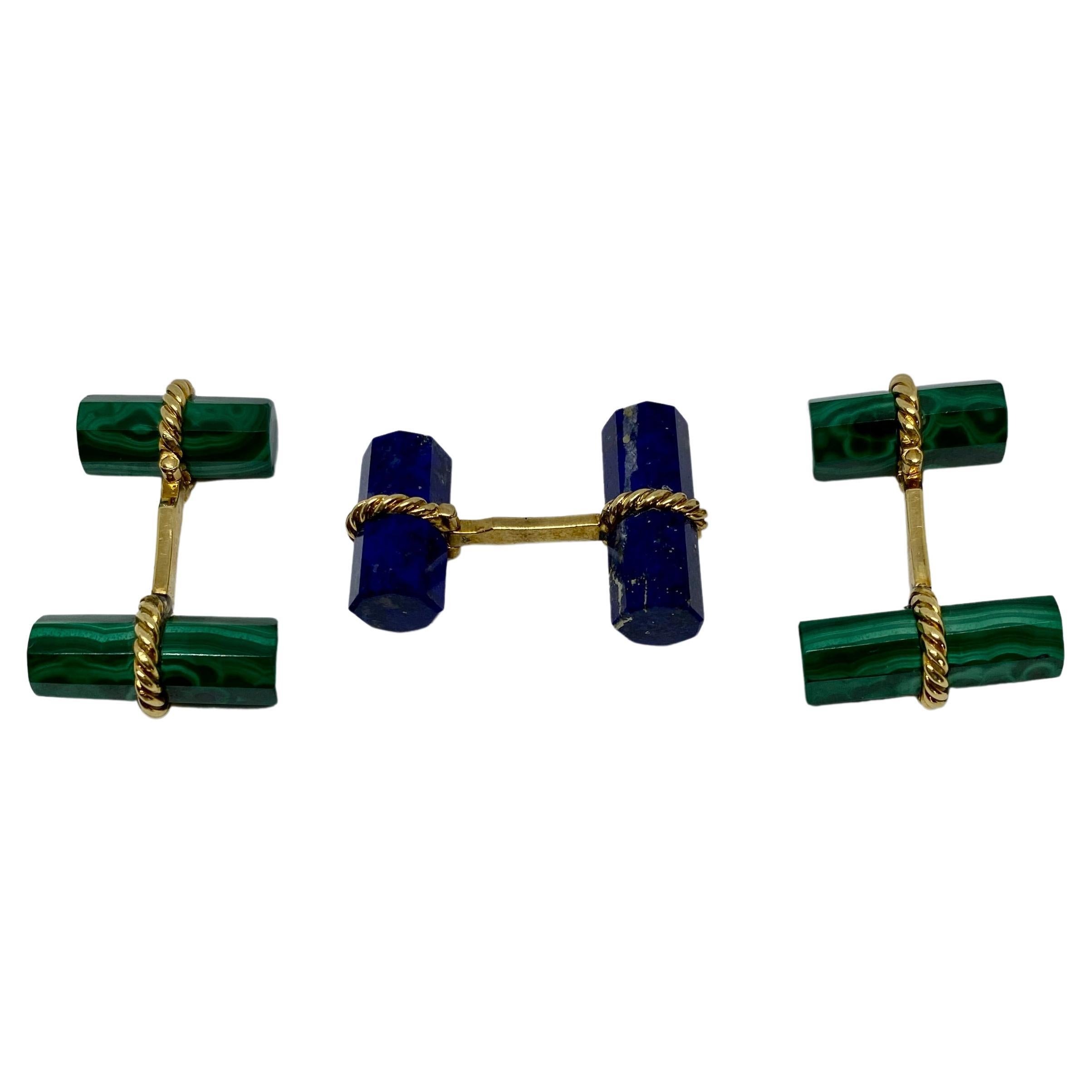 Set of 3 Vintage David Webb Cufflinks in Malachite, Lapis and 18K Yellow Gold For Sale