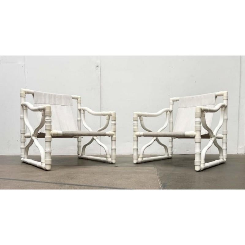 Postmodern garden furniture from the spanish manufacturer kettal from the 1980s.

the set consists of two armchairs and a matching table. The frame is made of plastic tubes connected by sleeves. The design imitates a classic bamboo construction in a