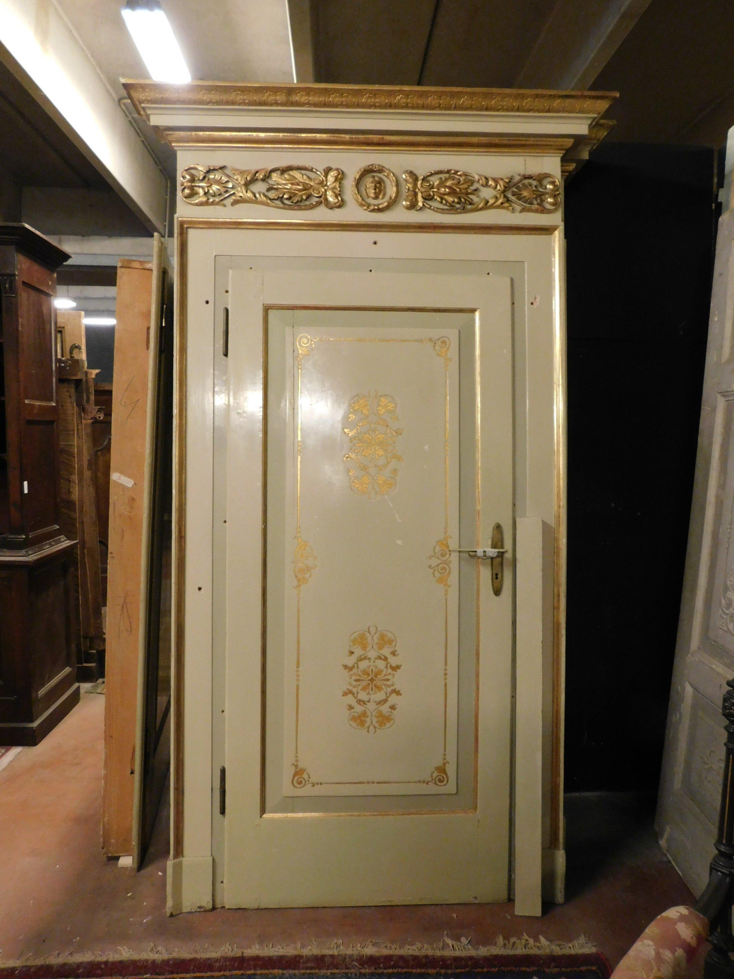 Set of 3 antique, vintage, lacquered and gilded doors in inlay, all complete with frame, produced at the beginning of the 20th century in Italy for a luxury palace. They have a lacquered and gilded back, only one without drawings, 1 opens to pull